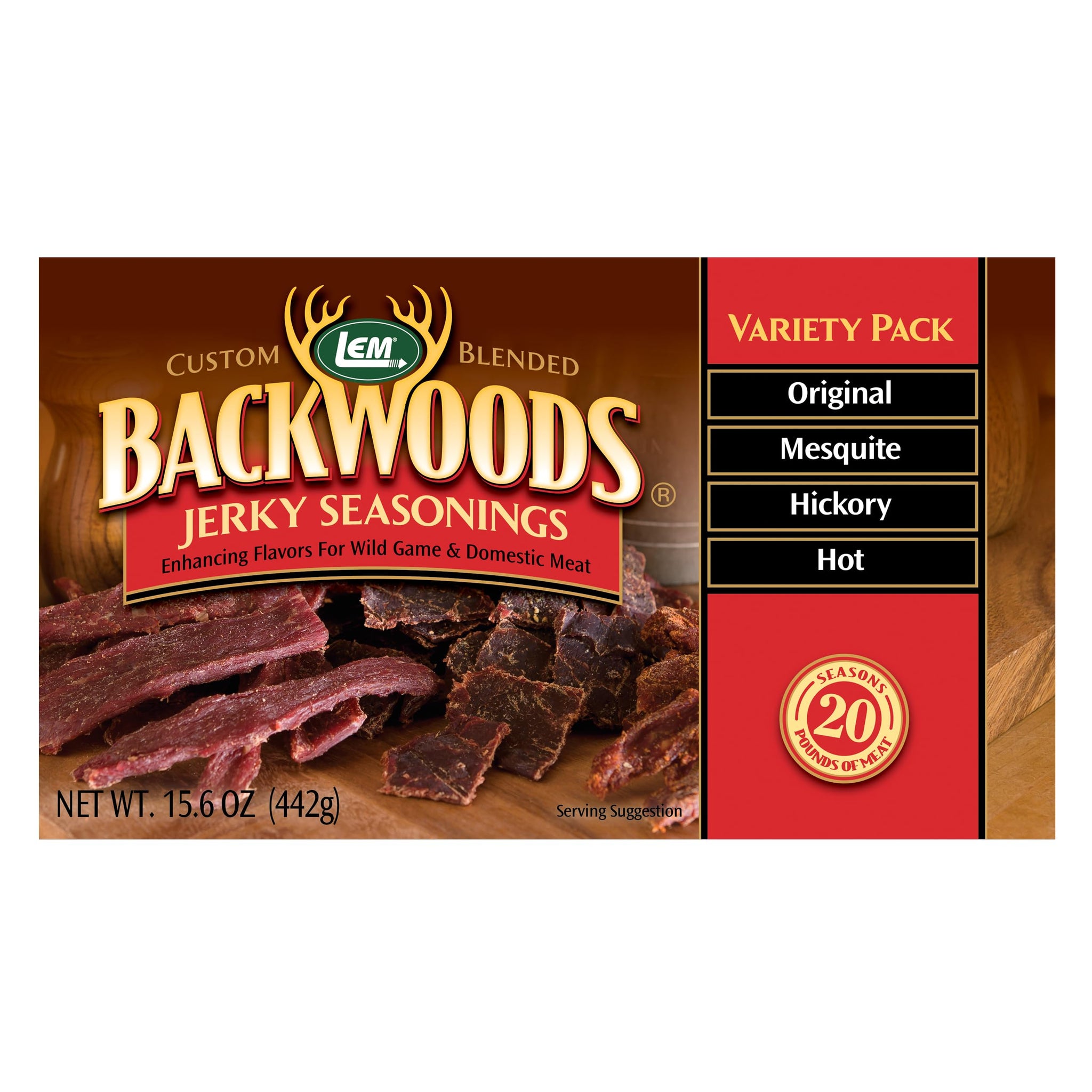 LEM Products Backwoods Jerky Seasoning Variety Pack, Includes Original, Hot, Mesquite, and Hickory Flavors, Ideal for Wild Game, 15.6 Ounce Package