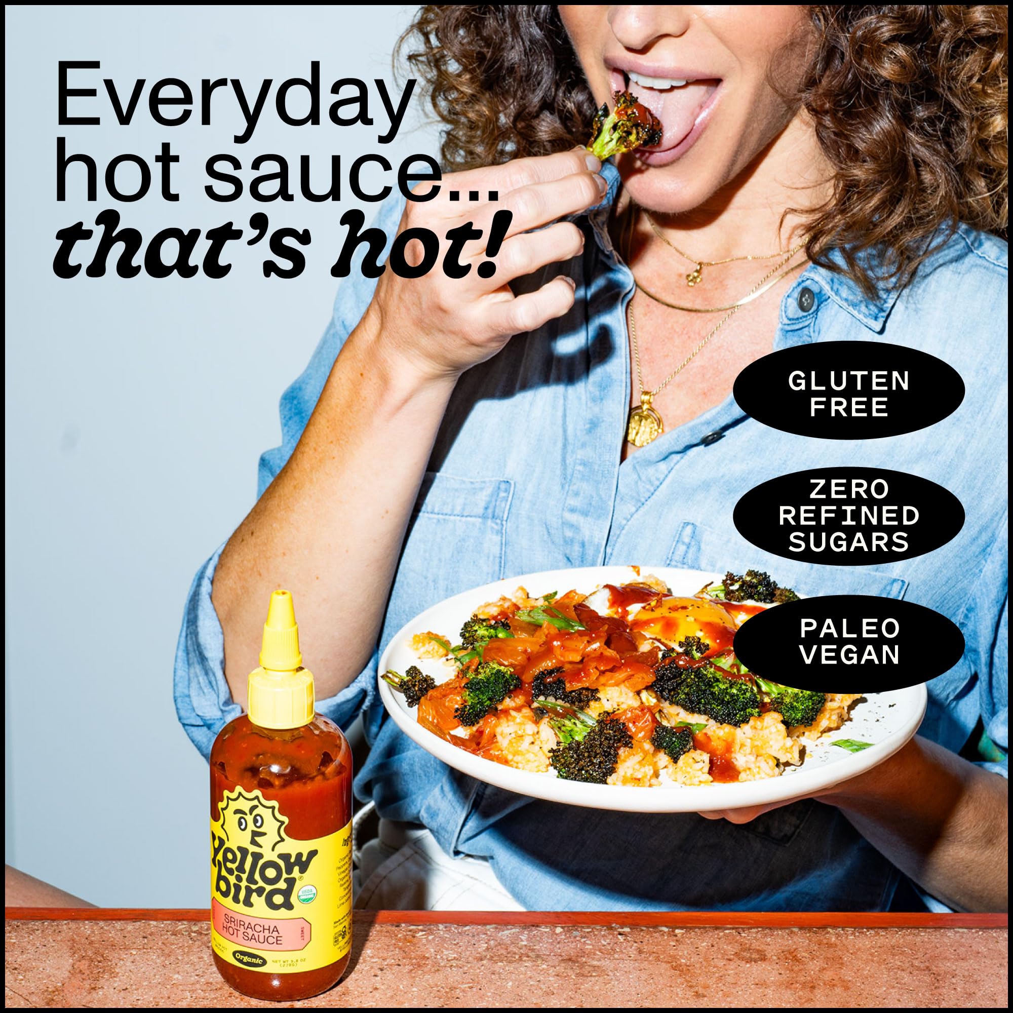 Yellowbird® Organic Sriracha Hot Sauce 19.6 oz. Tabletop Size (Mellow Hot | 1 Bottle | Made w/ Organic Garlic, Dates, & Lime)