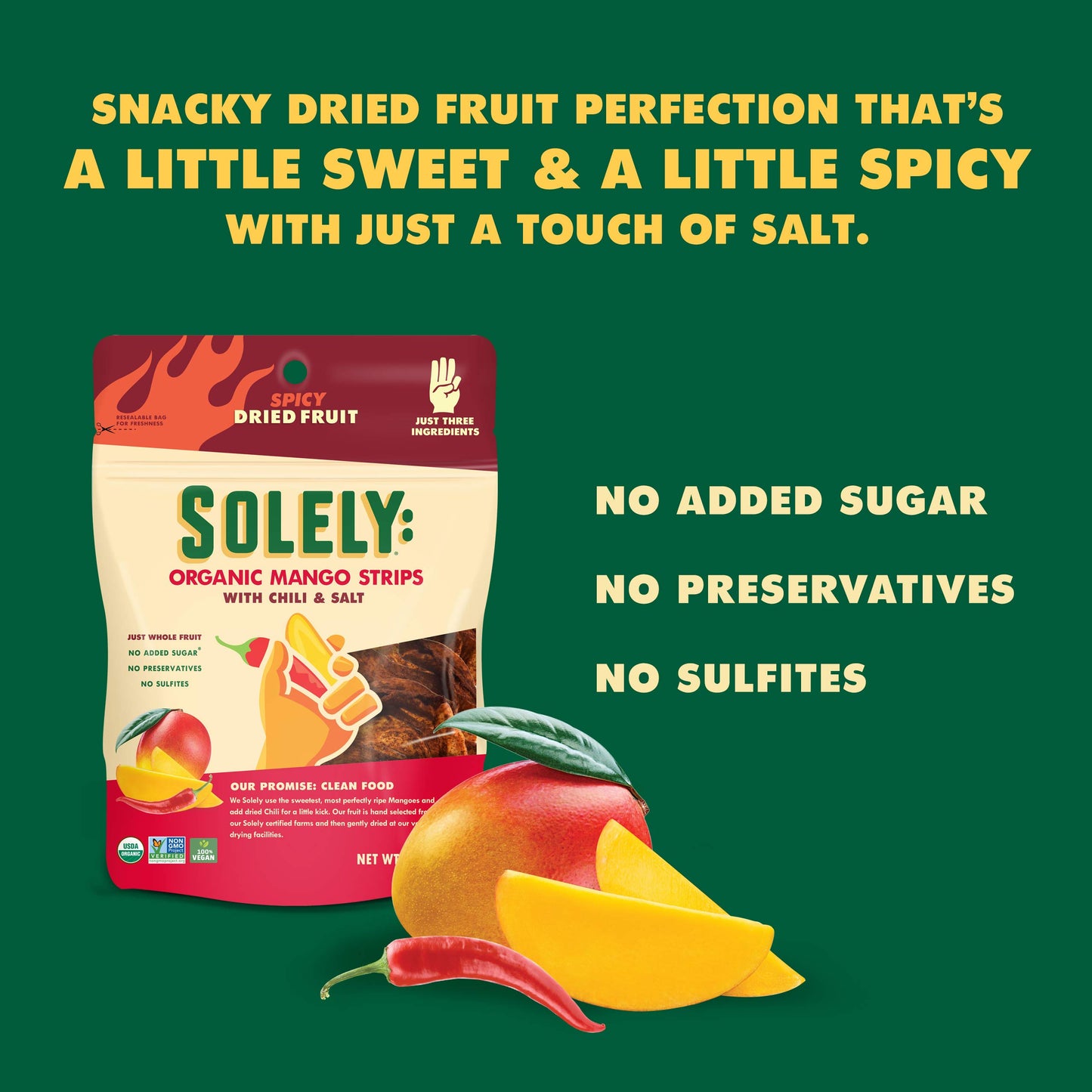 SOLELY Organic Dried Mango Strips with Chili and Salt, 2.8 oz | Three Ingredients | Vegan | Non-GMO | No Added Sugar