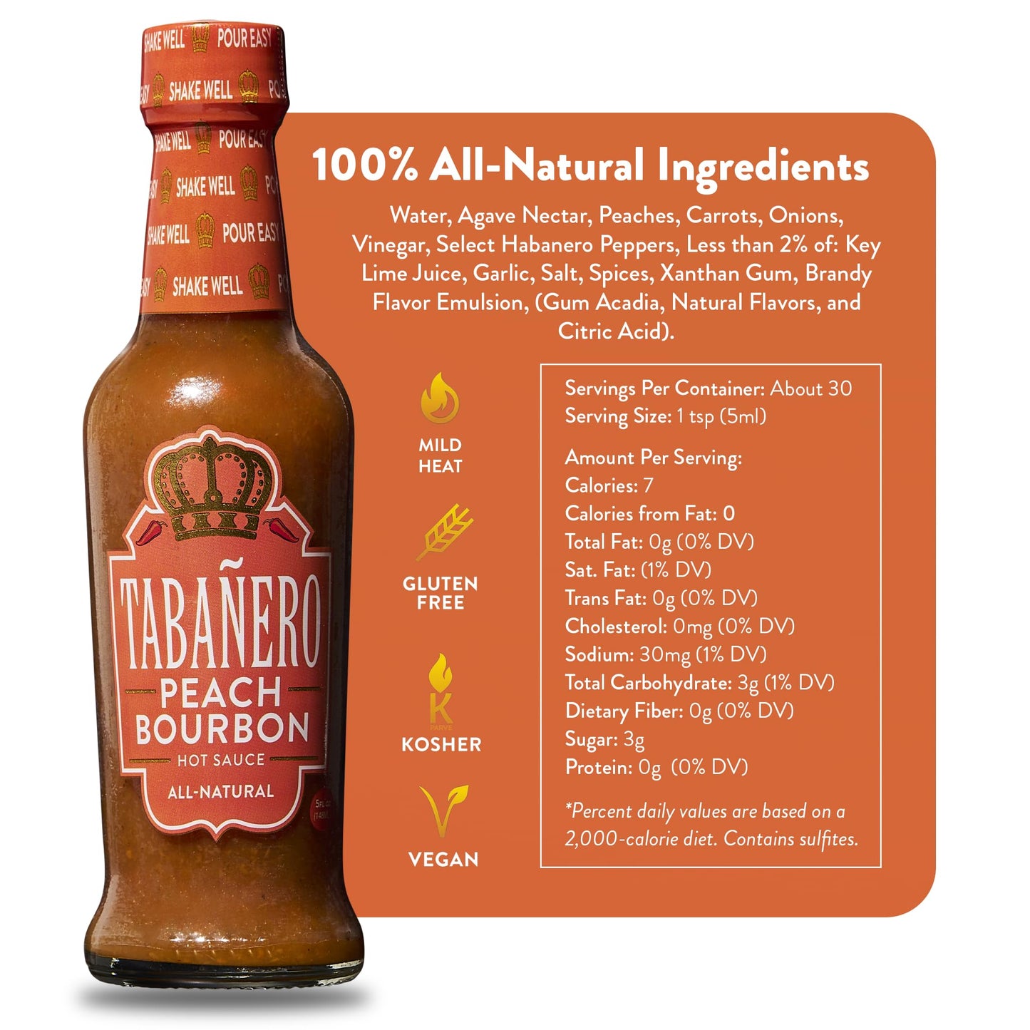 Tabañero Peach Bourbon Hot Sauce, Made in the USA, Small Glass Bottle, 5 oz