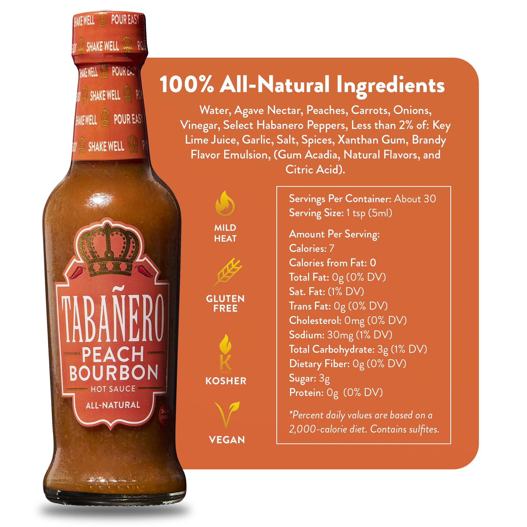 Tabañero Peach Bourbon Hot Sauce, Made in the USA, Small Glass Bottle, 5 oz