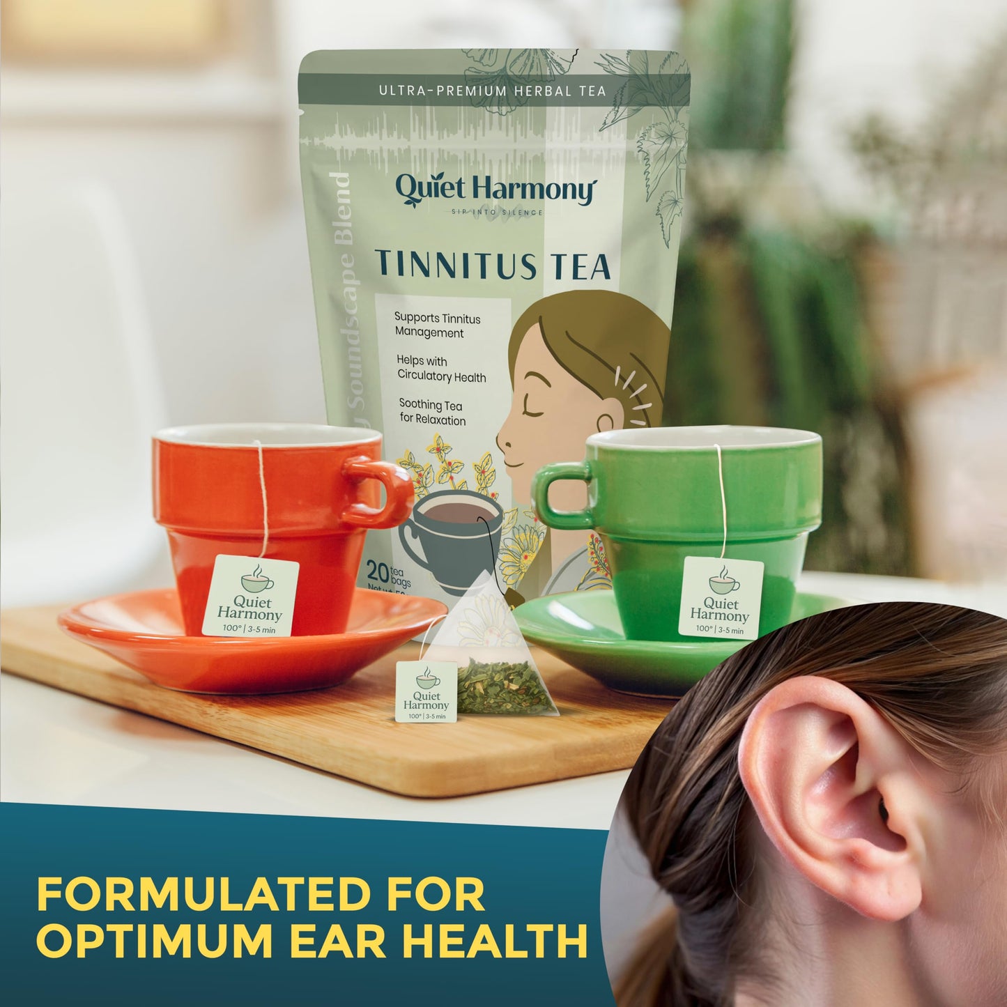Quiet Harmony Tinnitus Tea - Herbal Support for Ringing Ears, Circulation & Calm | Ultra-Premium Caffeine-Free Tea with Ginkgo, Rooibos & Lemon Balm |