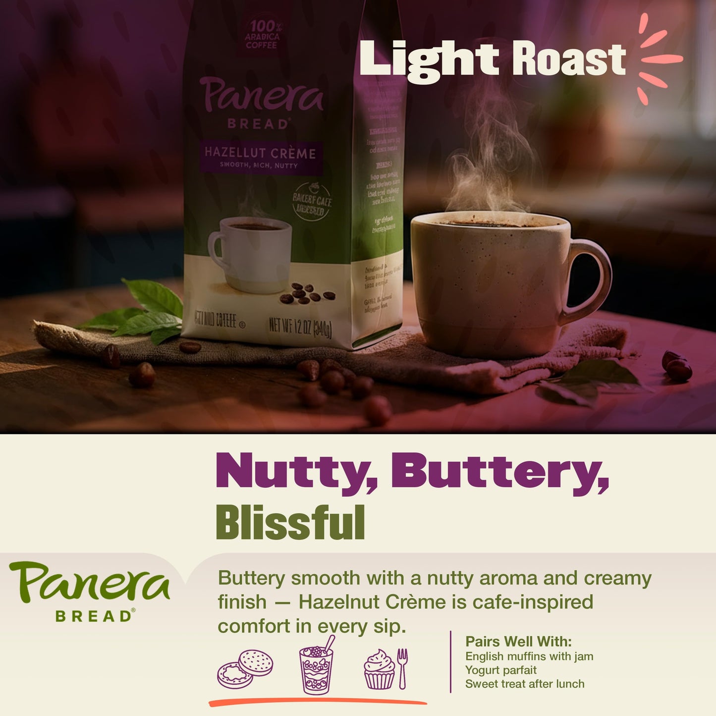 Panera Hazelnut Crème Ground Coffee - Light Roast 100% Arabica for Smooth Morning Brewing - Restaurant-Quality Flavored Coffee, Kosher Certified, 12oz