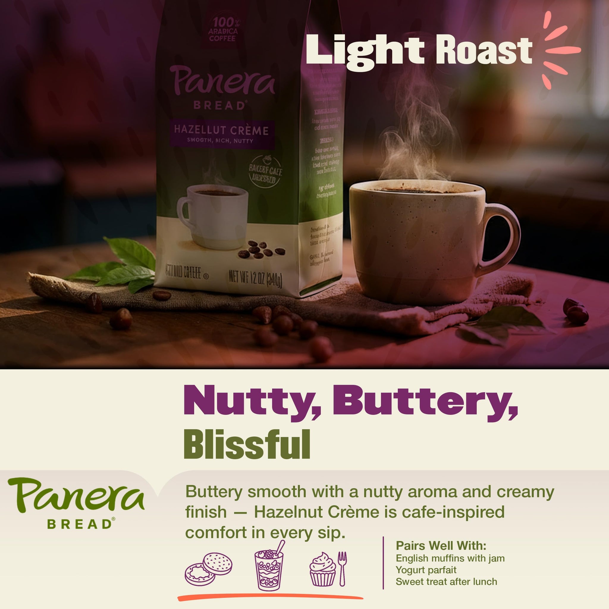 Panera Hazelnut Crème Ground Coffee - Light Roast 100% Arabica for Smooth Morning Brewing - Restaurant-Quality Flavored Coffee, Kosher Certified, 12oz