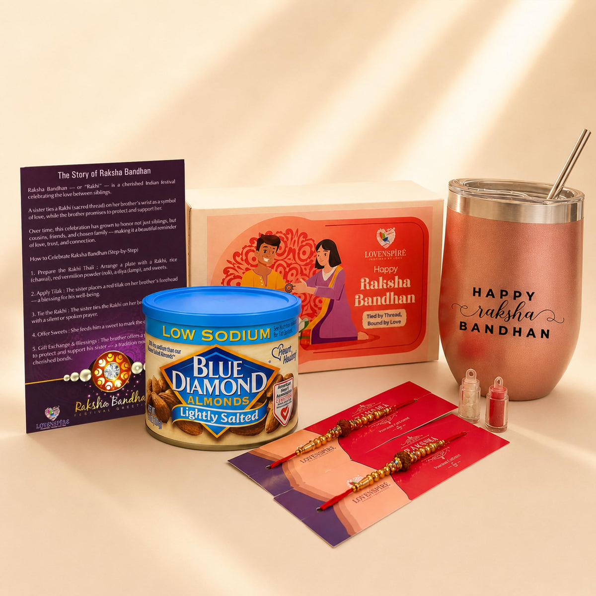LOVENSPIRE Traditional Rudraksha Rakhi Gift Hamper for Brother & Bhabhi - Adjustable Rakhi Bracelet with Tumbler, Chocolates, Roli Chawal & Card
