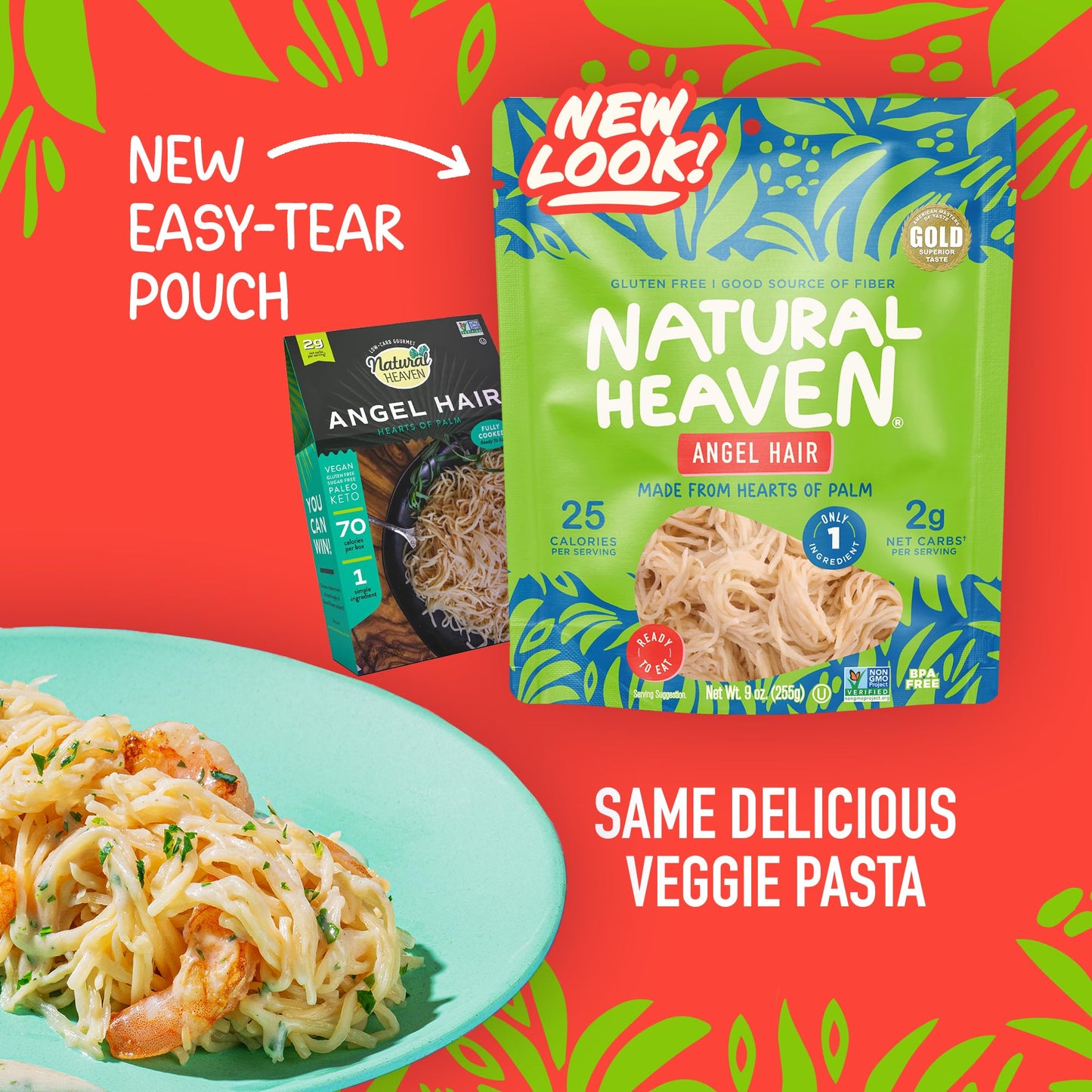 Natural Heaven Angel Hair Pasta, Hearts of Palm - Naturally Rich in Potassium, Low-Calorie Veggie Noodles, Keto & Gluten-Free Food, Vegan, 9 Oz Ea
