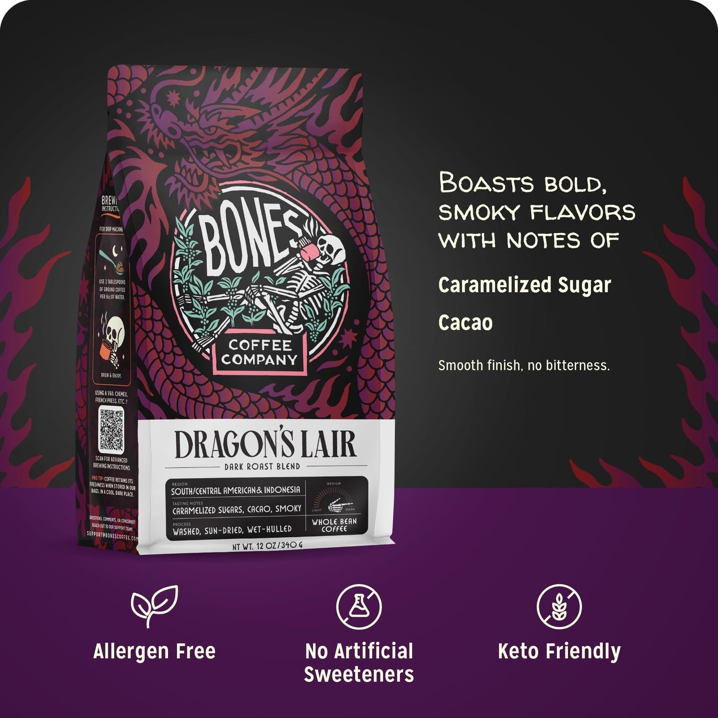 Bones Coffee Company Dragon's Lair - Dark Roast Coffee - Ground - Low-Acid Arabica Coffee Beans - South/Central America and Indonesia Grown