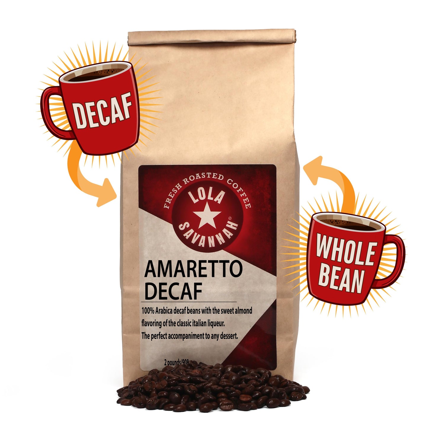 Lola Savannah Amaretto Whole Bean Decaf Coffee, 2lb