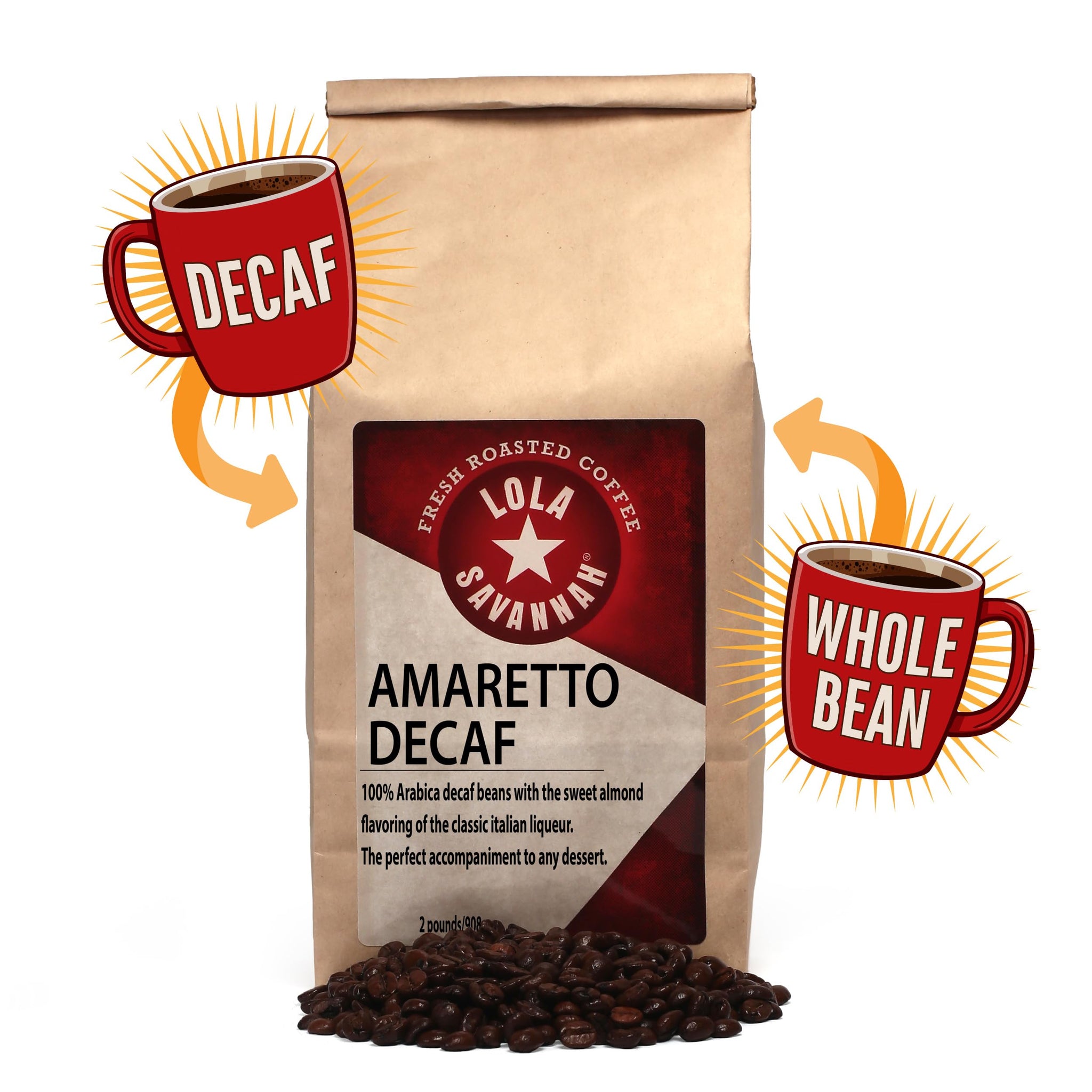 Lola Savannah Amaretto Whole Bean Decaf Coffee, 2lb