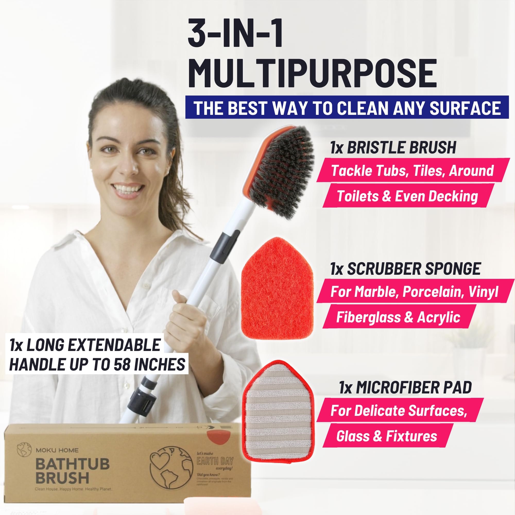 Moku Home Shower Scrubber 3 in 1 Extendable Long Handle 58" Cleaning Brush - Non Scratch Shower Brush for Cleaning Bathroom Kitchen Toilet Wall Tub