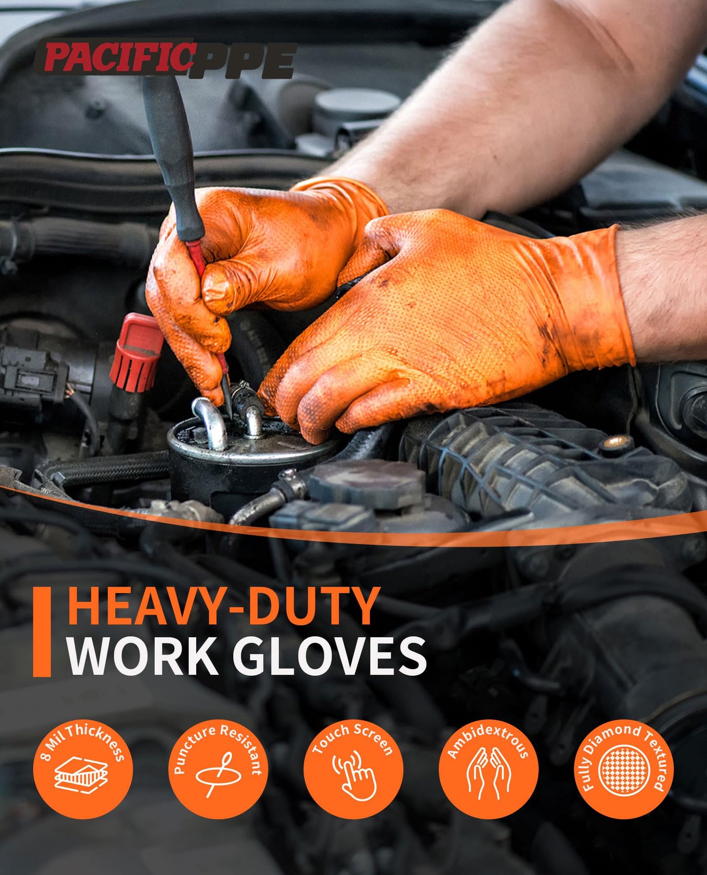 PACIFIC PPE 8 Mil Heavy-Duty Strength Nitrile Gloves, Chemical Resistant, Diamond Texture Industrial Disposable Gloves, Orange, 100PCs, X-Large
