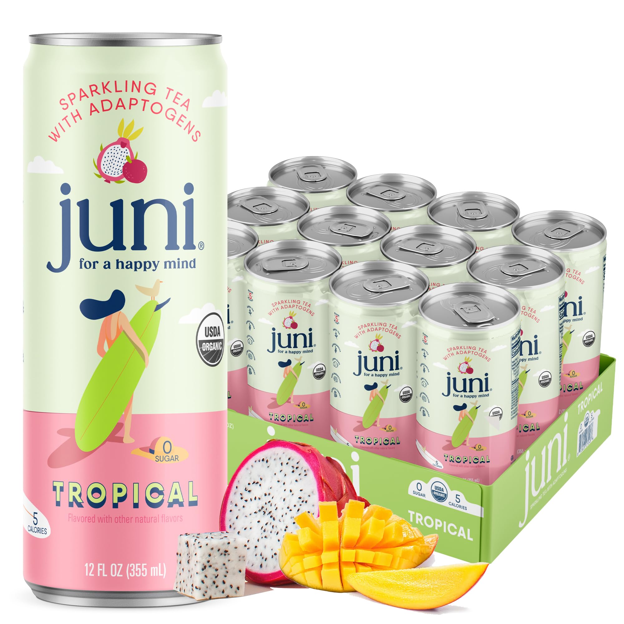 Juni Sparkling Adaptogen Drink with Ashwagandha, Lion’s Mane & Reishi Mushrooms | Green Tea for Focus, Zero Sugar, 5 Calories, Organic | Non Alcoholic