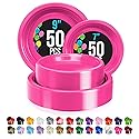 Exquisite Party Solids Hot Pink Plates Disposable Hot Pink Plastic Plates 100 Pieces - 50-7" & 50-9" Heavy Duty 350 GSM Disposable Dinnerware Sets