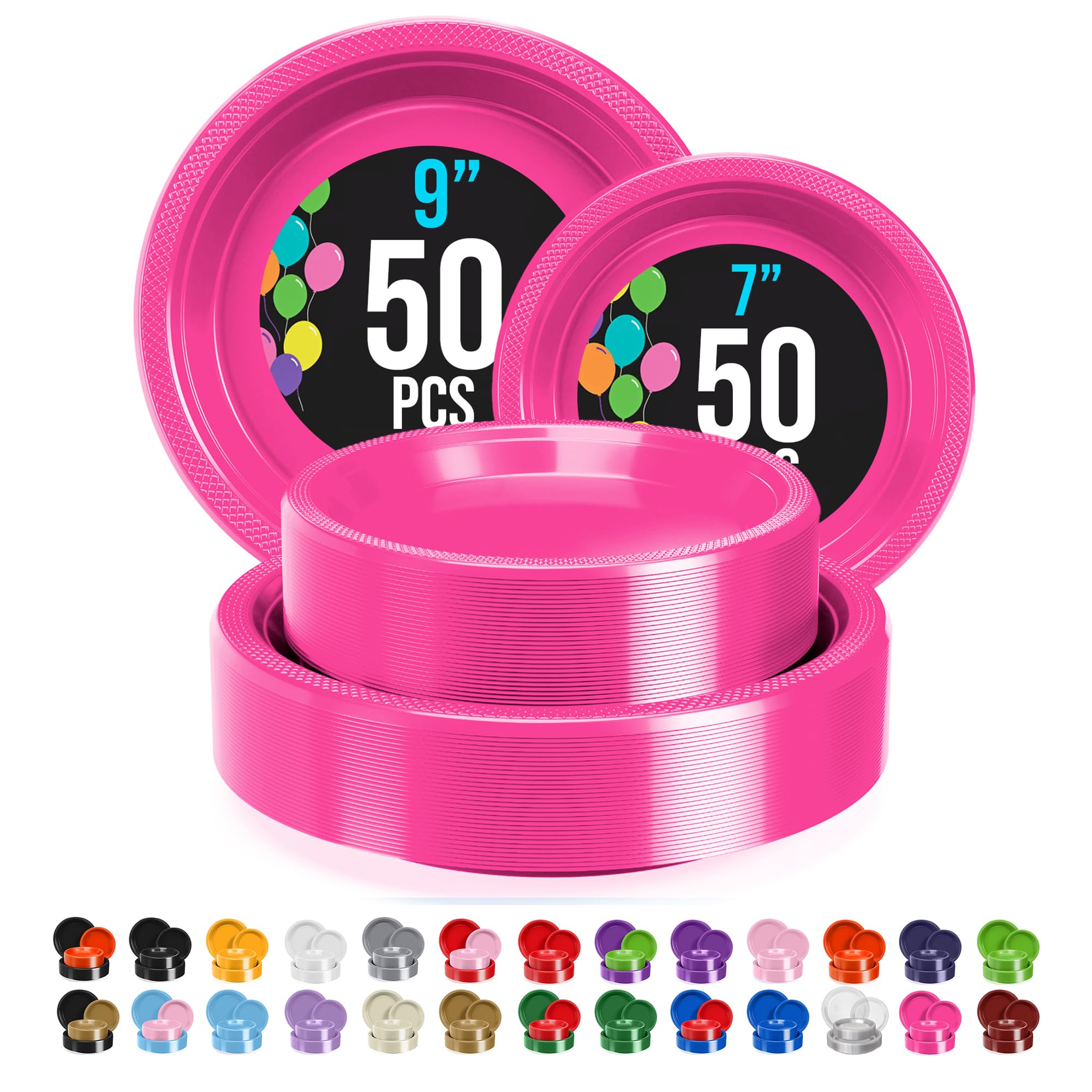 Exquisite Party Solids Hot Pink Plates Disposable Hot Pink Plastic Plates 100 Pieces - 50-7" & 50-9" Heavy Duty 350 GSM Disposable Dinnerware Sets