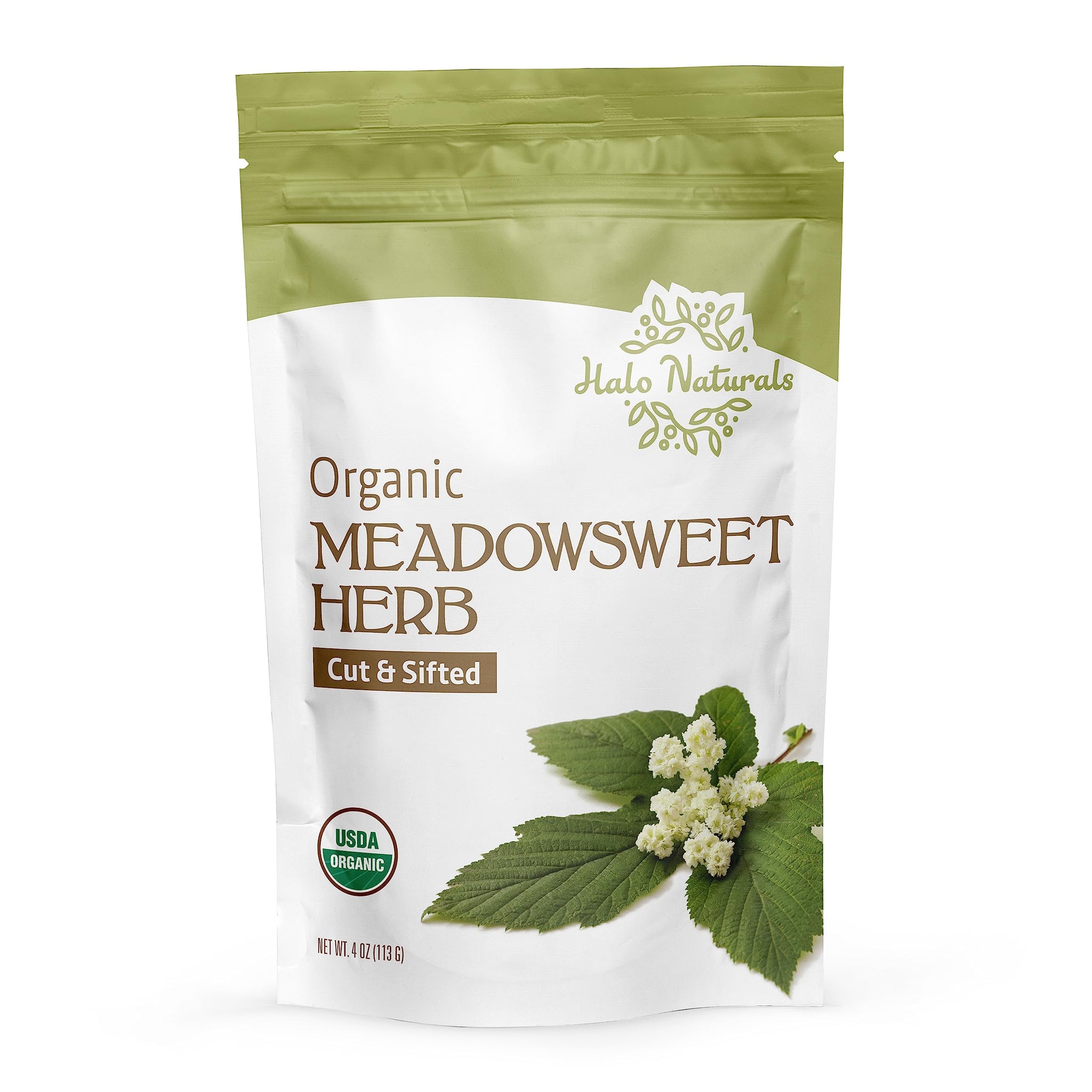 Halo Naturals Organic Meadowsweet Herb Cut & Sifted, 4 Ounces (Filipendula ulmaria) USDA Certified | Resealable Pouch| Packaged in The USA (Pack of 1)