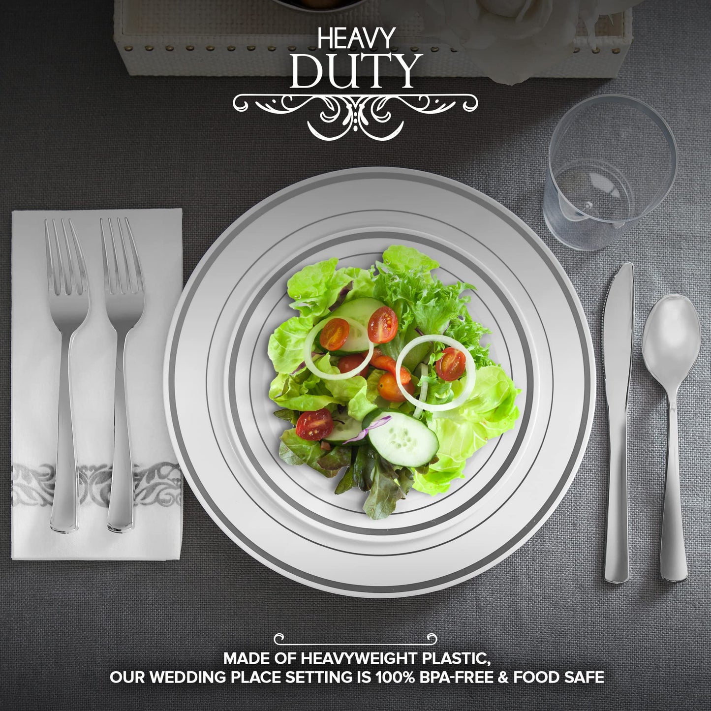 700 Piece Silver Dinnerware Set: 200 Silver-Rim Plastic Plates, 100 Silver Silverware, 100 Plastic Cups, 100 Cloth-Like Napkins, Bulk Wedding Plates