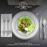 700 Piece Silver Dinnerware Set: 200 Silver-Rim Plastic Plates, 100 Silver Silverware, 100 Plastic Cups, 100 Cloth-Like Napkins, Bulk Wedding Plates