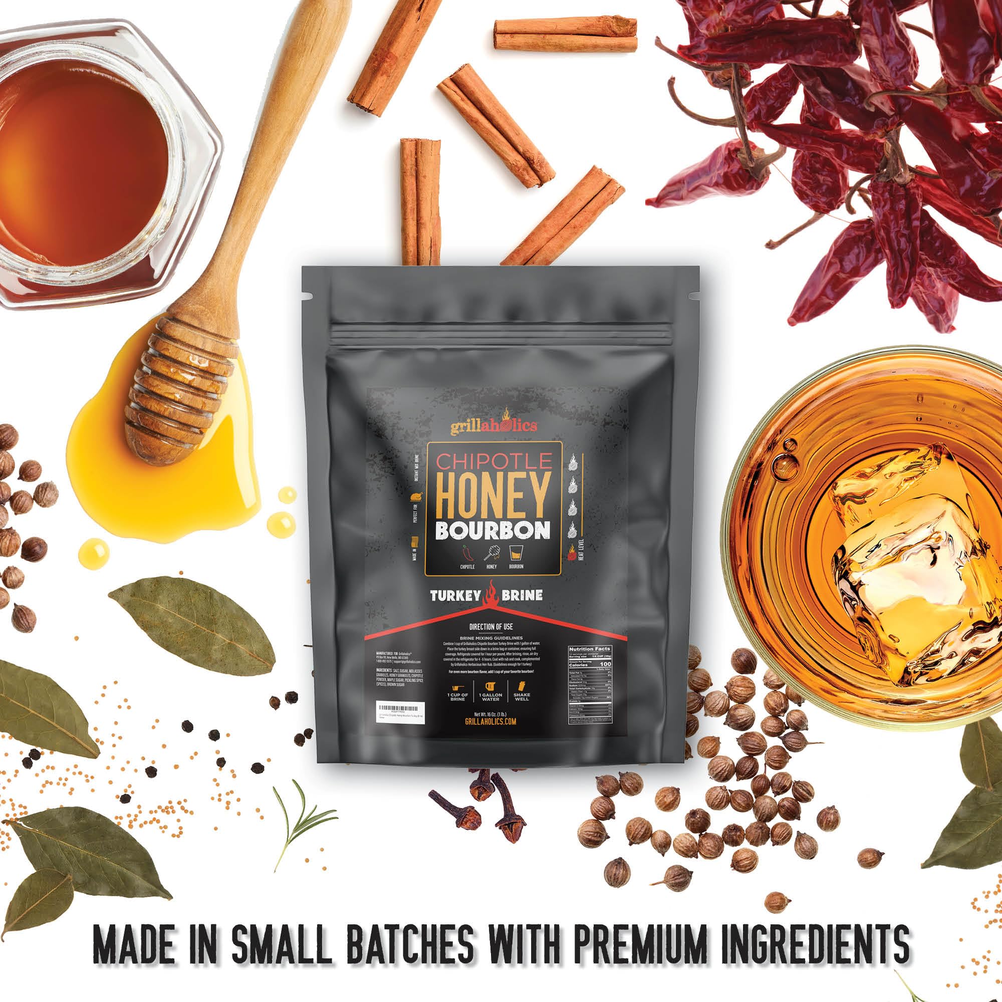 Grillaholics Chipotle Honey Bourbon Turkey Brine Kit - 16 oz Bag for Smoking, Roasting, Grilling & Deep Frying | Juicy Holiday & Thanksgiving Turkey