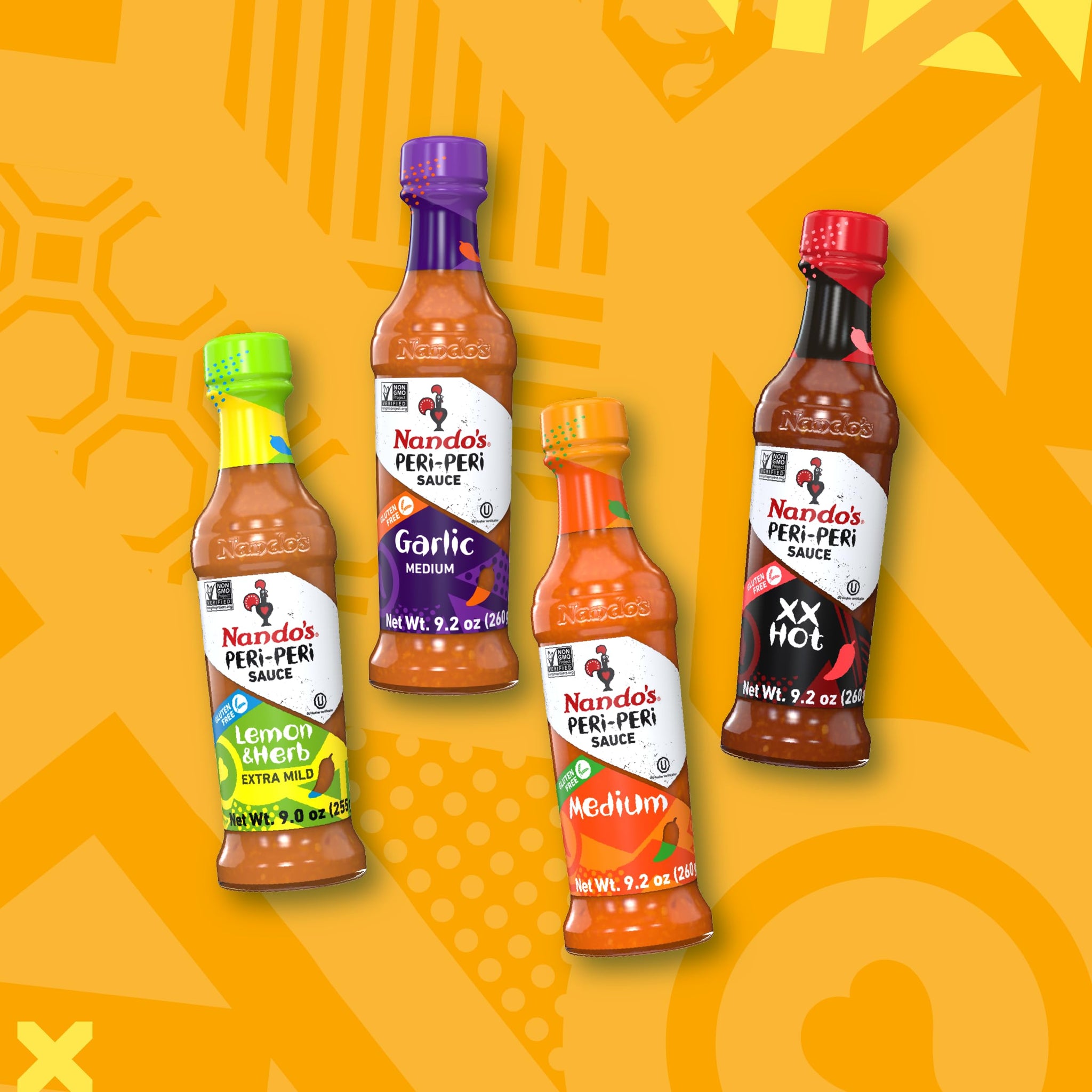 Nando's PERi PERi Artisan Hot Sauce Variety Gift Pack - Lemon & Herb, Garlic, Medium, Extra Extra Red Hot Piri Piri Sauce Set - 9.1oz Bottles - (4