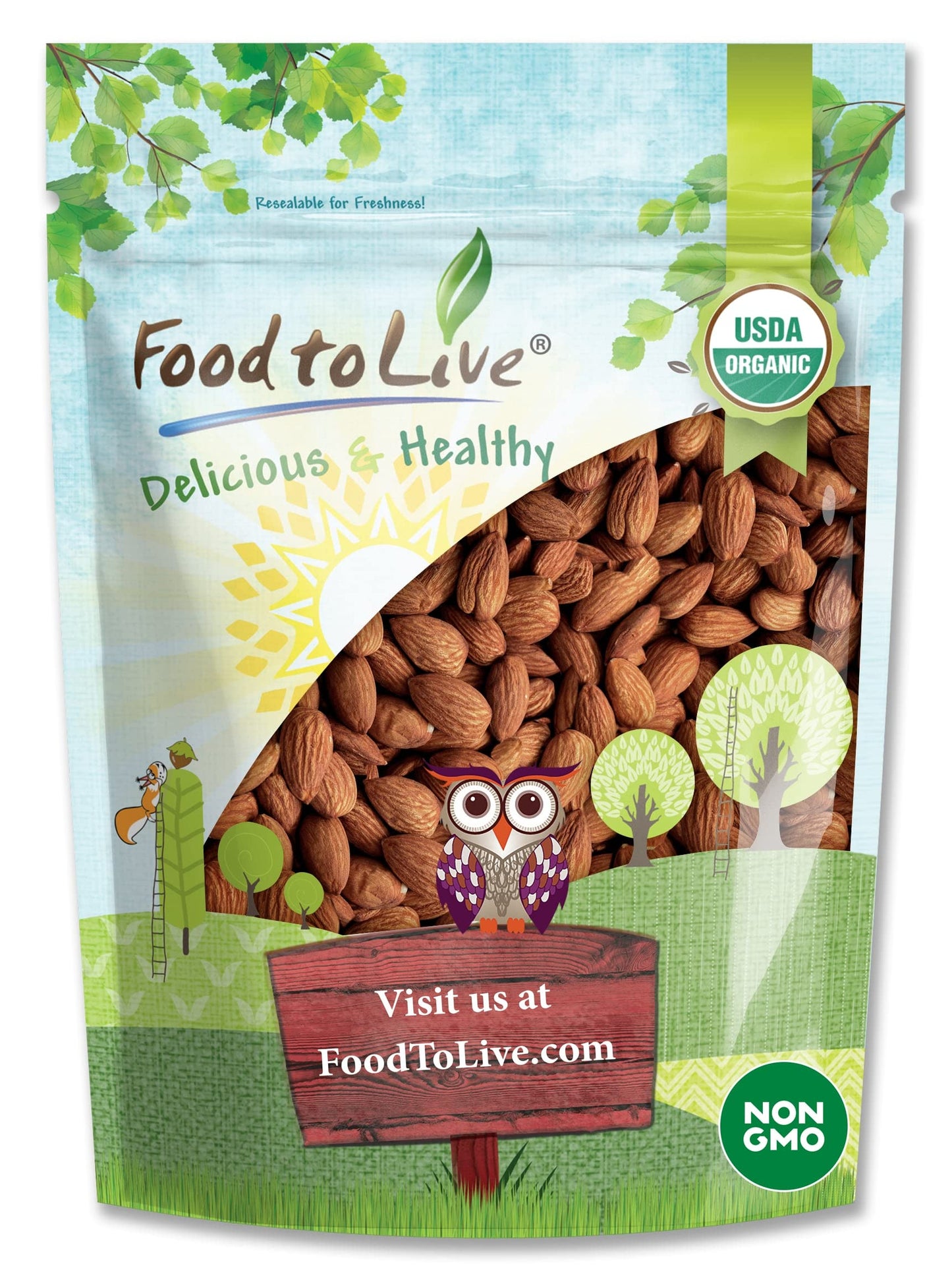 Food to Live Organic Dry Roasted Whole Almonds with Himalayan Salt, 1 Pound Non-GMO, Oven Roasted, Lightly Salted, No Oil Added, Vegan, Kosher. High
