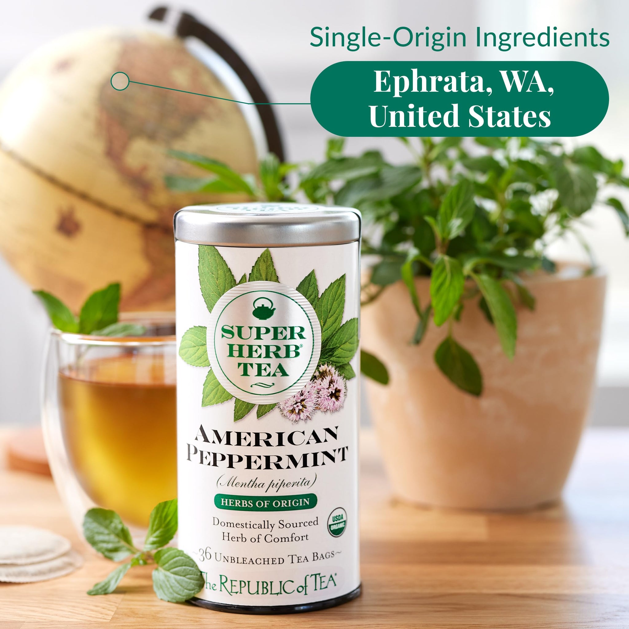 The Republic of Tea - Organic American Peppermint SuperHerb Tea Tin, 36 Herbal Tea Bags, Naturally Caffeine-Free Herbs of Origin