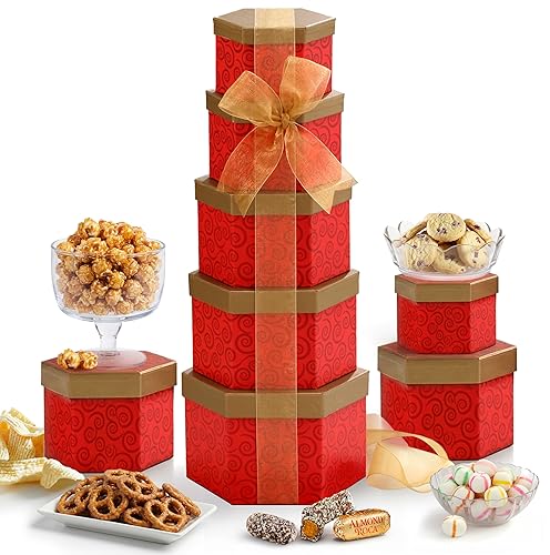 Broadway Basketeers Snacks and Sweets Ruby Red Gift Basket Tower, Anniversary, Birthday, Thinking of You for Women, Mom, Step-Mother, Wife