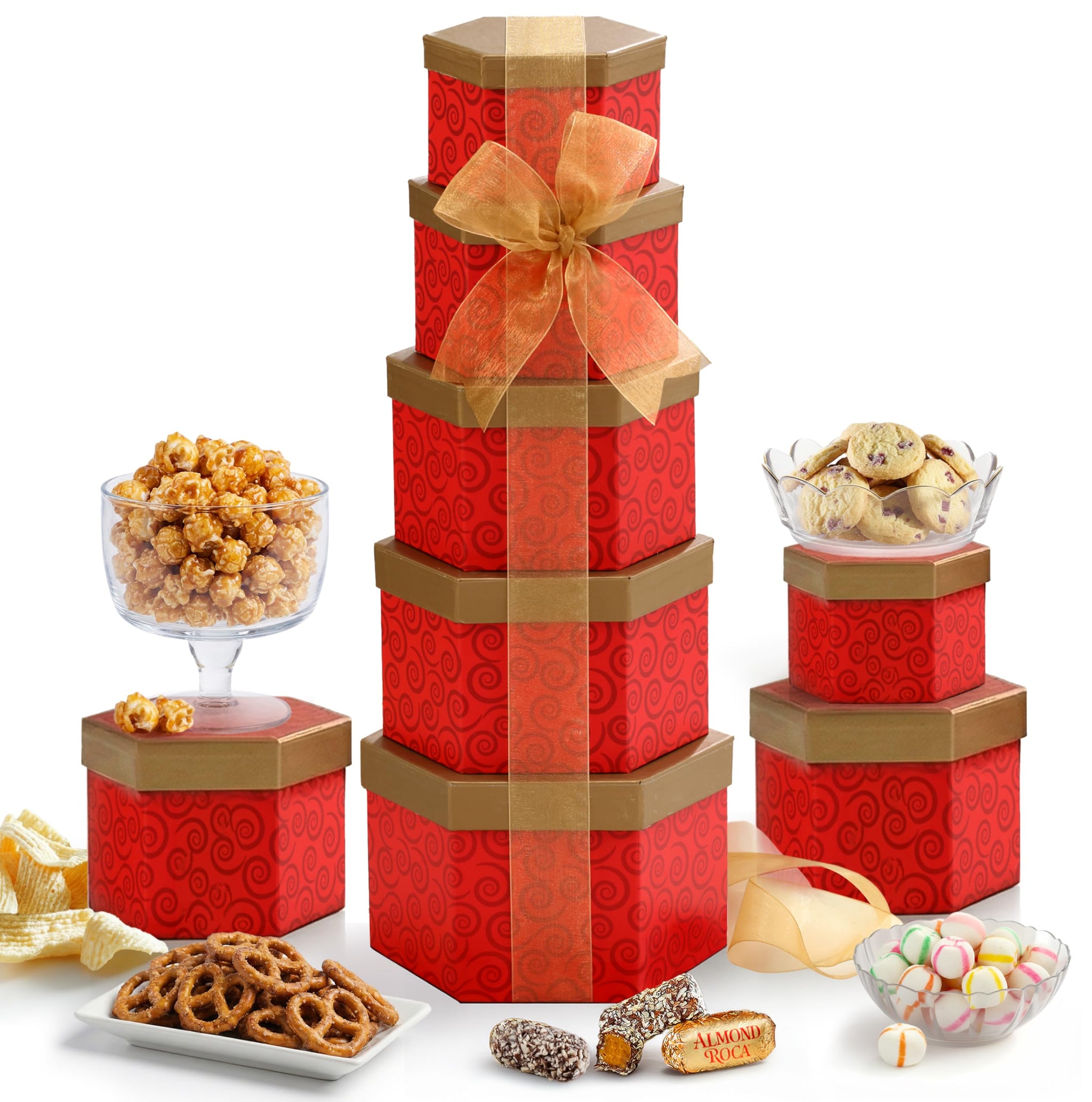 Broadway Basketeers Snacks and Sweets Ruby Red Gift Basket Tower, Anniversary, Birthday, Thinking of You for Women, Mom, Step-Mother, Wife