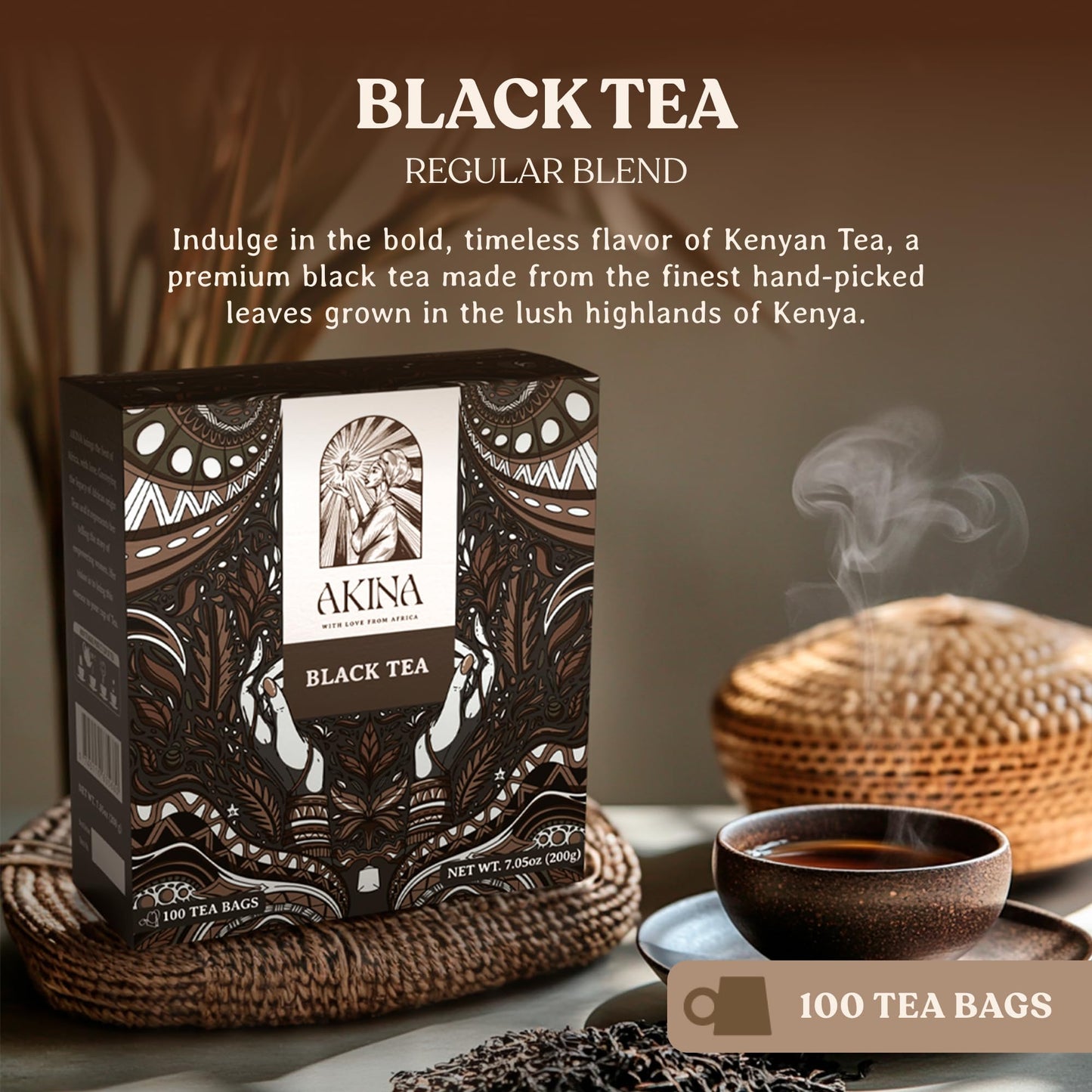 AKINA - Regular Black Tea Bags, Individually Wrapped, Classics String and Tag Kenyan Tea, Bold and Timeless with Comforting Flavor (Box of 100) (200g)