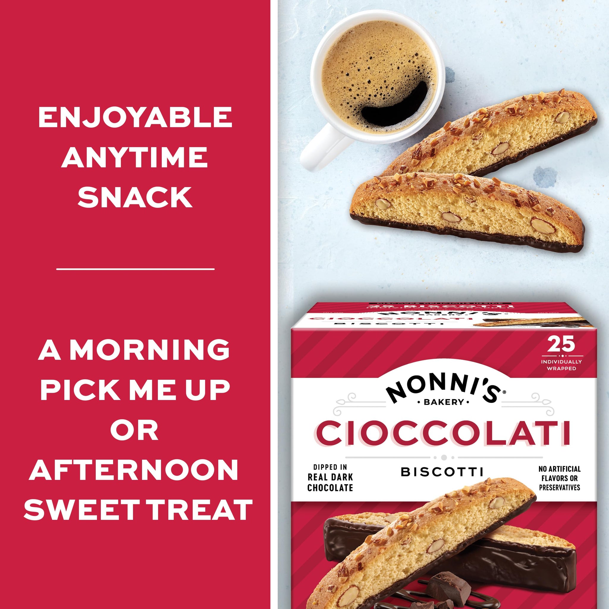 Nonni's Cioccolati Dark Chocolate Almond Biscotti Cookies - Individually Wrapped Italian Coffee Snack, Crunchy Twice-Baked, 21.5 oz Carton
