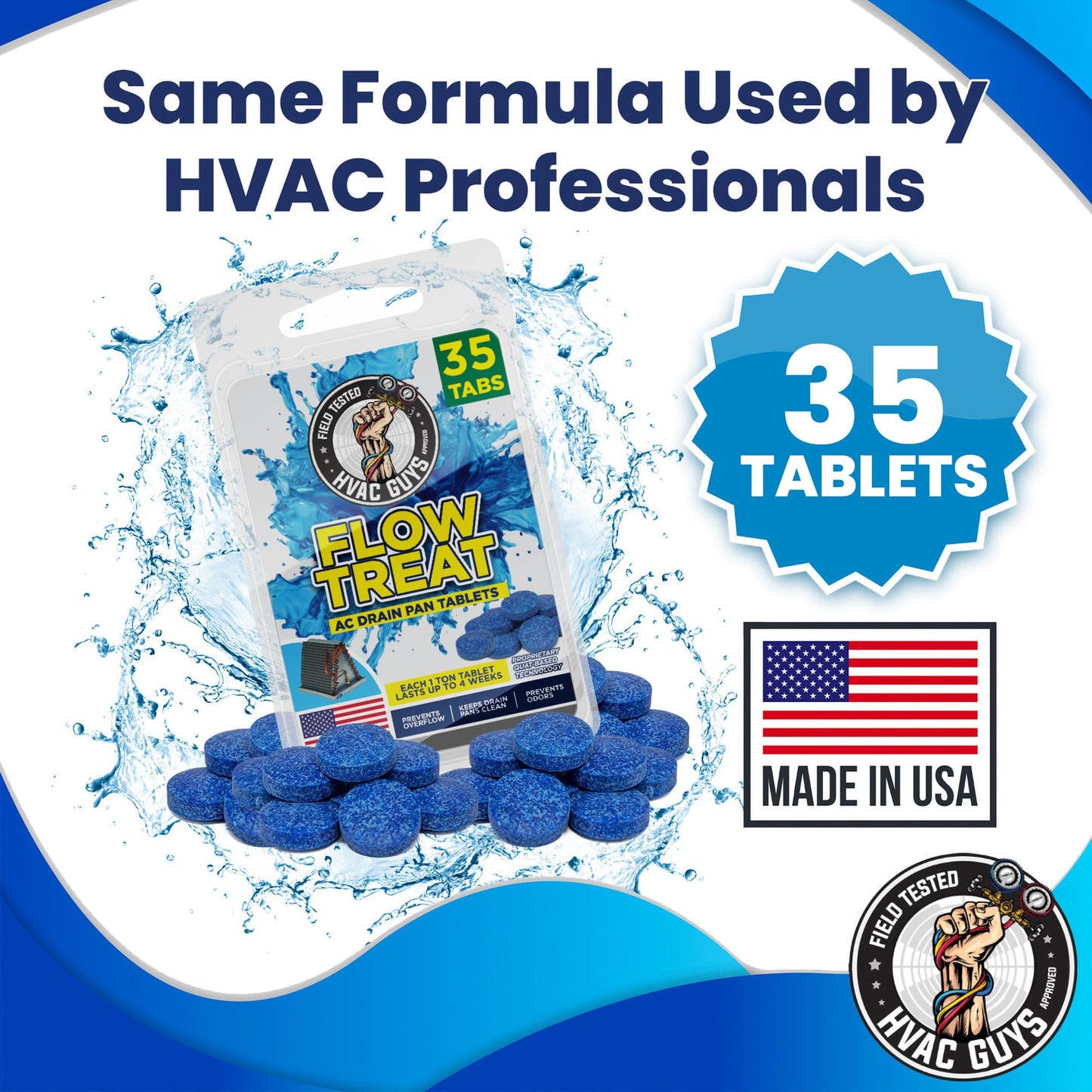 HVAC Guys AC Drain Pan Tablets 35PK | Flow Treat Tablets Prevents Odors, Keeps HVAC Drain Pan Clean, Prevents Overflow | One Tablet Lasts up to 4
