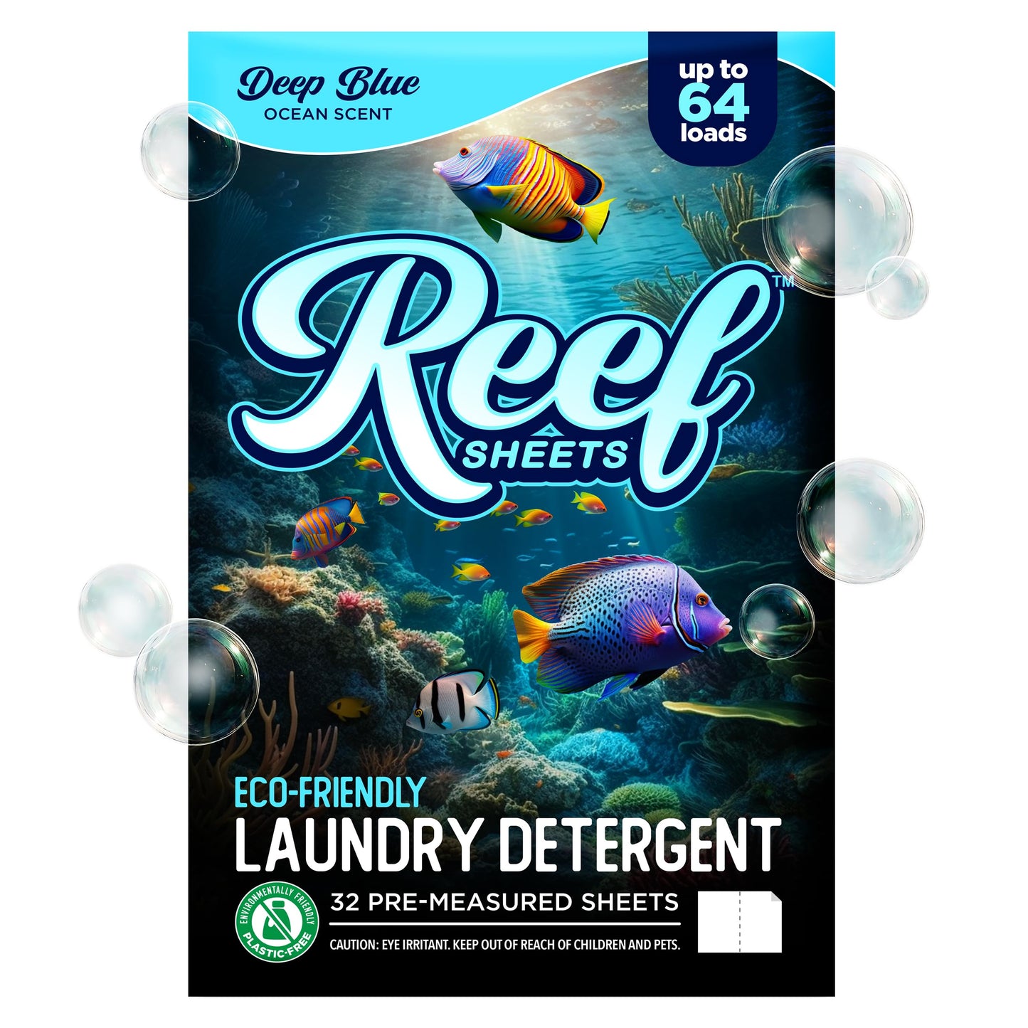 Reef Sheets Laundry Detergent Sheets, 64 loads, Hypoallergenic & Plastic-Free Eco-Friendly Packaging, Gentle on Skin, Tough on Stains