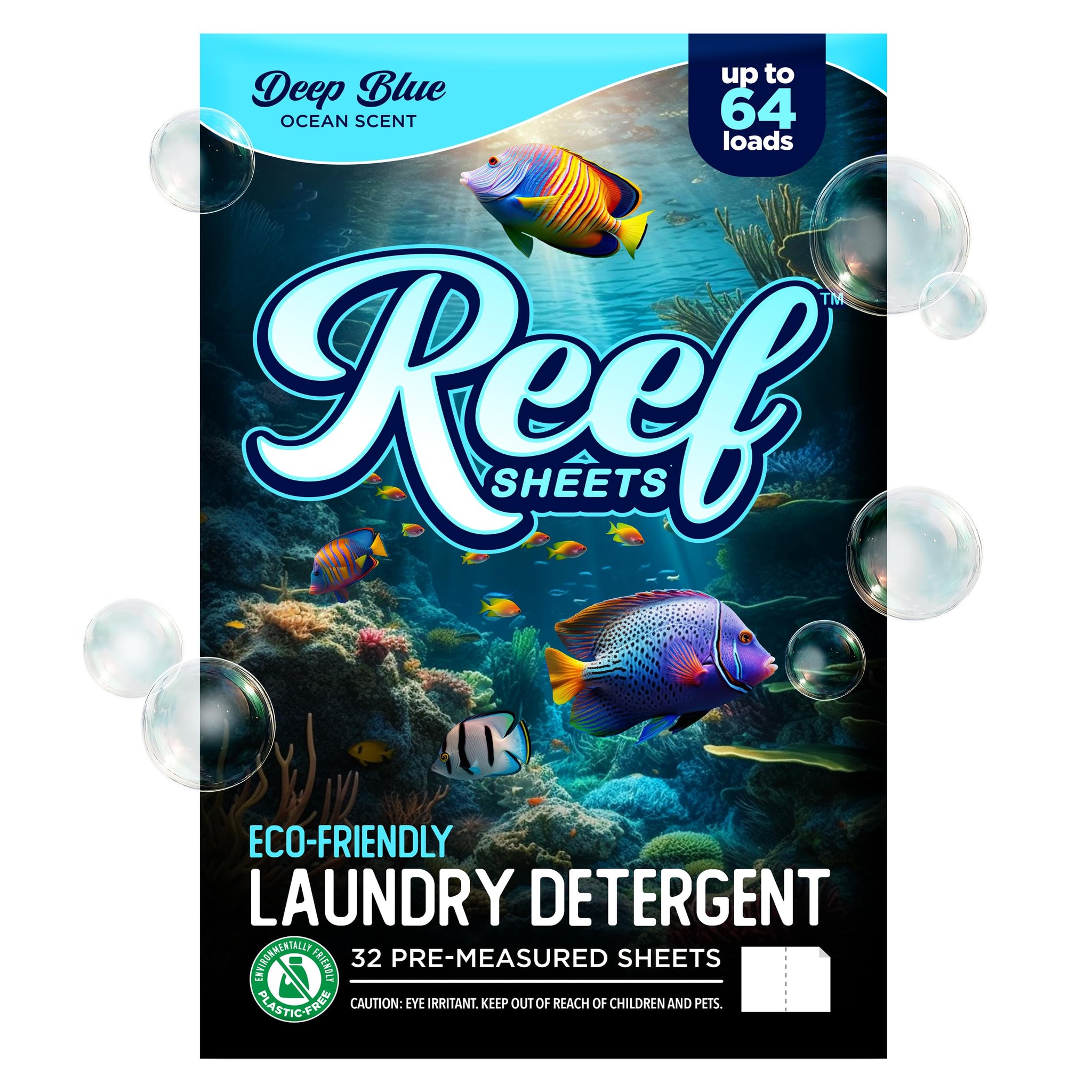 Reef Sheets Laundry Detergent Sheets, 64 loads, Hypoallergenic & Plastic-Free Eco-Friendly Packaging, Gentle on Skin, Tough on Stains