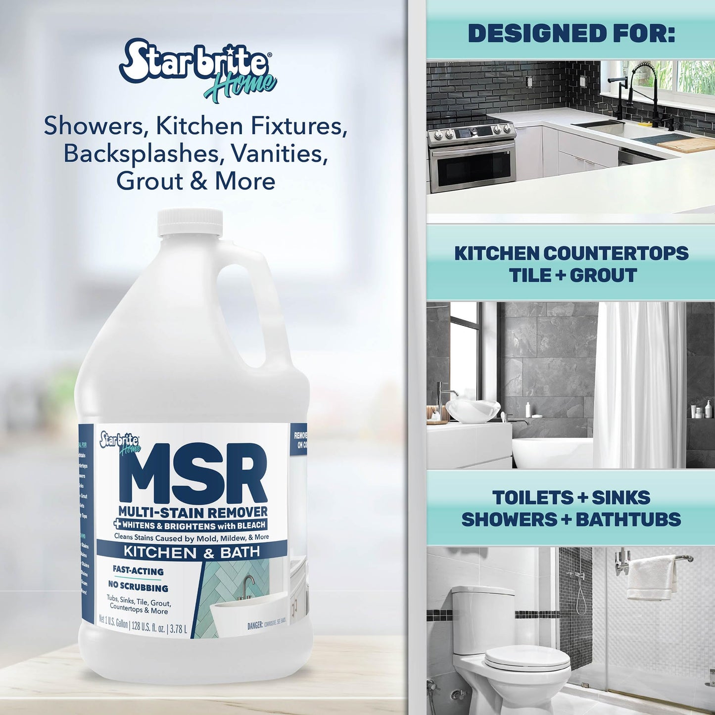 STAR BRITE Home MSR Multi-Stain Remover with Bleach - Fast-Acting Cleaner for Kitchen & Bath - Whitens, Brightens and Removes Mildew Stains and Scum
