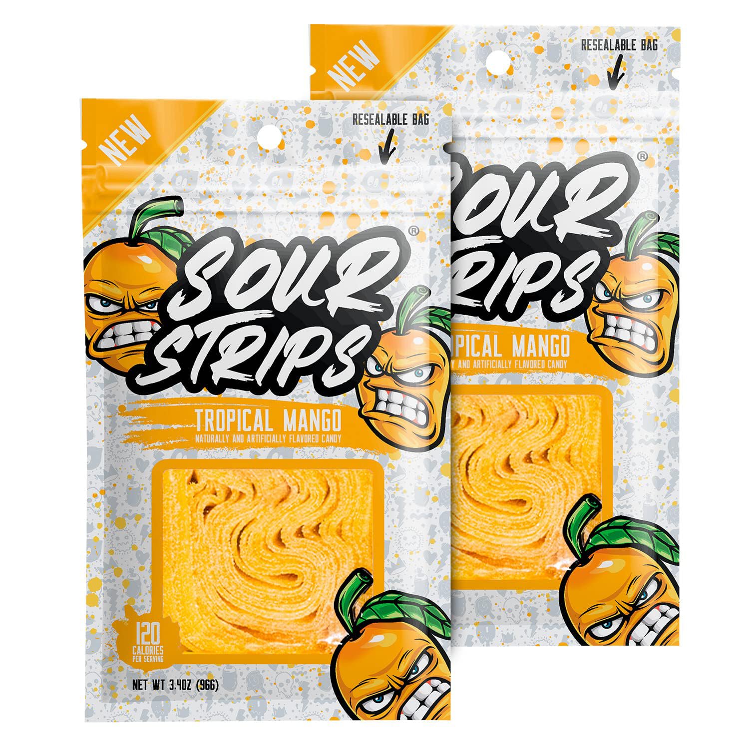 SOUR STRIPS Tropical Mango Flavored Candy | Deliciously Chewy Belts Vegetarian Candies, 12 per Pack, 2 Pack