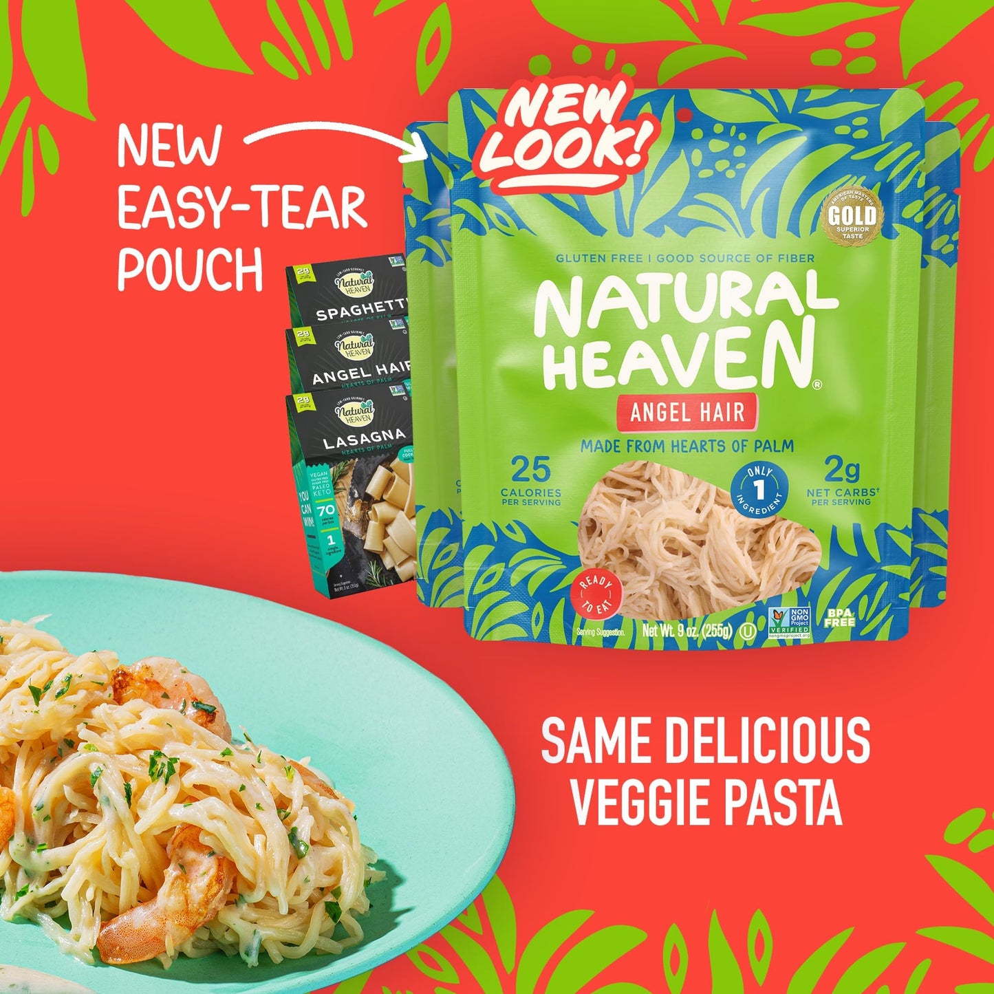 Natural Heaven Hearts of Palm Pasta Variety 6-Pack - Spaghetti Noodles, Angel Hair, Lasagna, Low-Calorie, Keto & Gluten-Free Food, Vegan, 9 Oz Ea