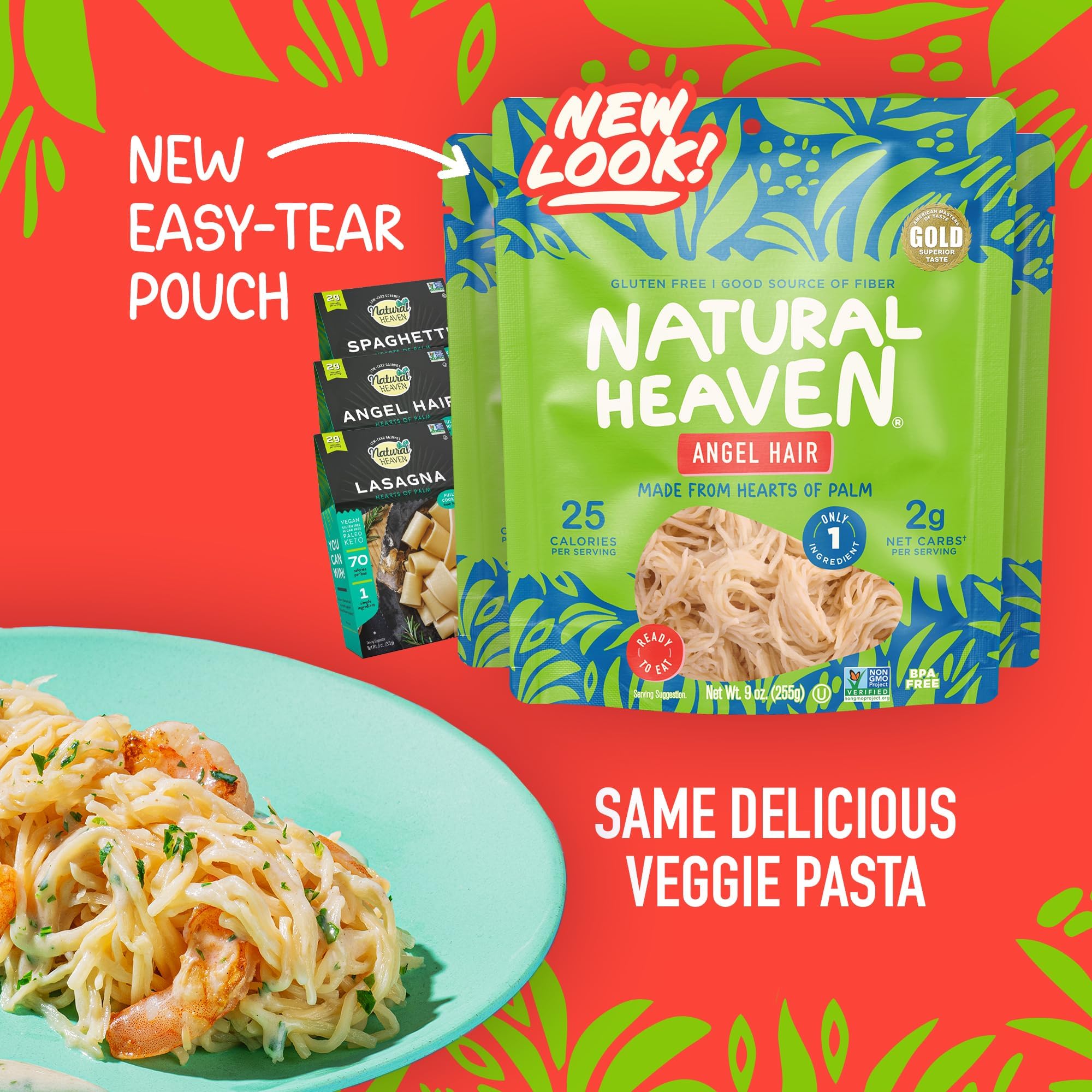 Natural Heaven Hearts of Palm Pasta Variety 6-Pack - Spaghetti Noodles, Angel Hair, Lasagna, Low-Calorie, Keto & Gluten-Free Food, Vegan, 9 Oz Ea