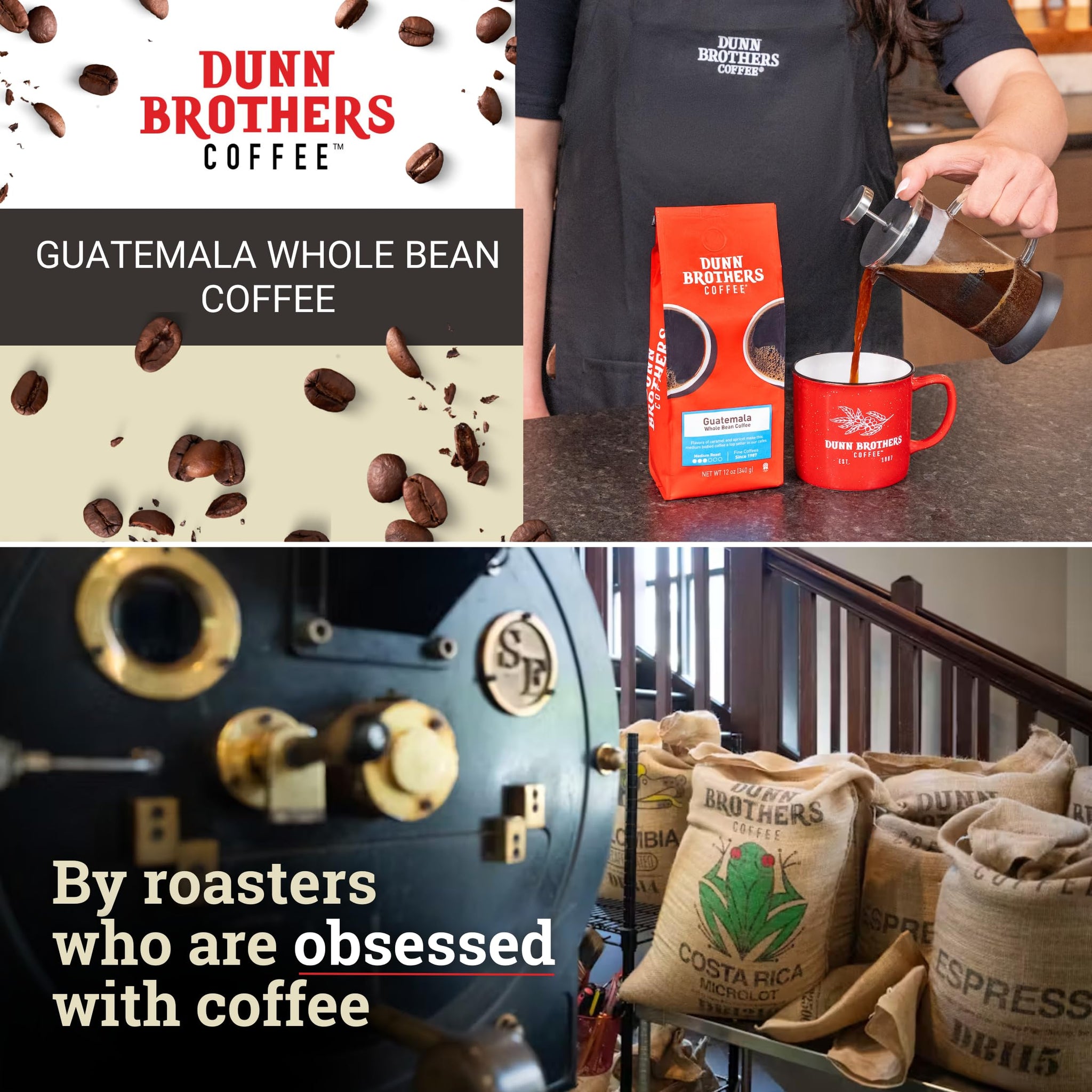Dunn Brothers Small Batch Gourmet Whole Bean Coffee, Guatemala (Medium Roast),12 oz, Single Origin Arabica Coffee
