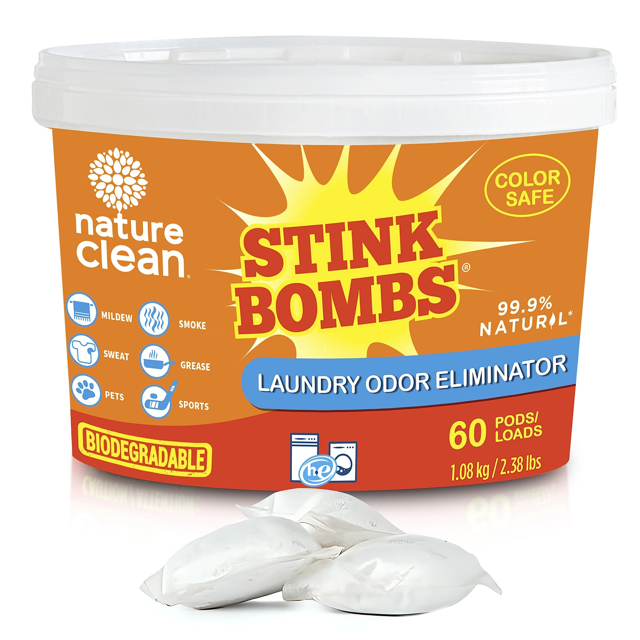 Nature Clean Stink Bombs Laundry Odor Eliminator Pods for Clothes, Removes Pet, Sweat, Grease, Mildew & Sports Odors, Laundry Deodorizer for Home Use