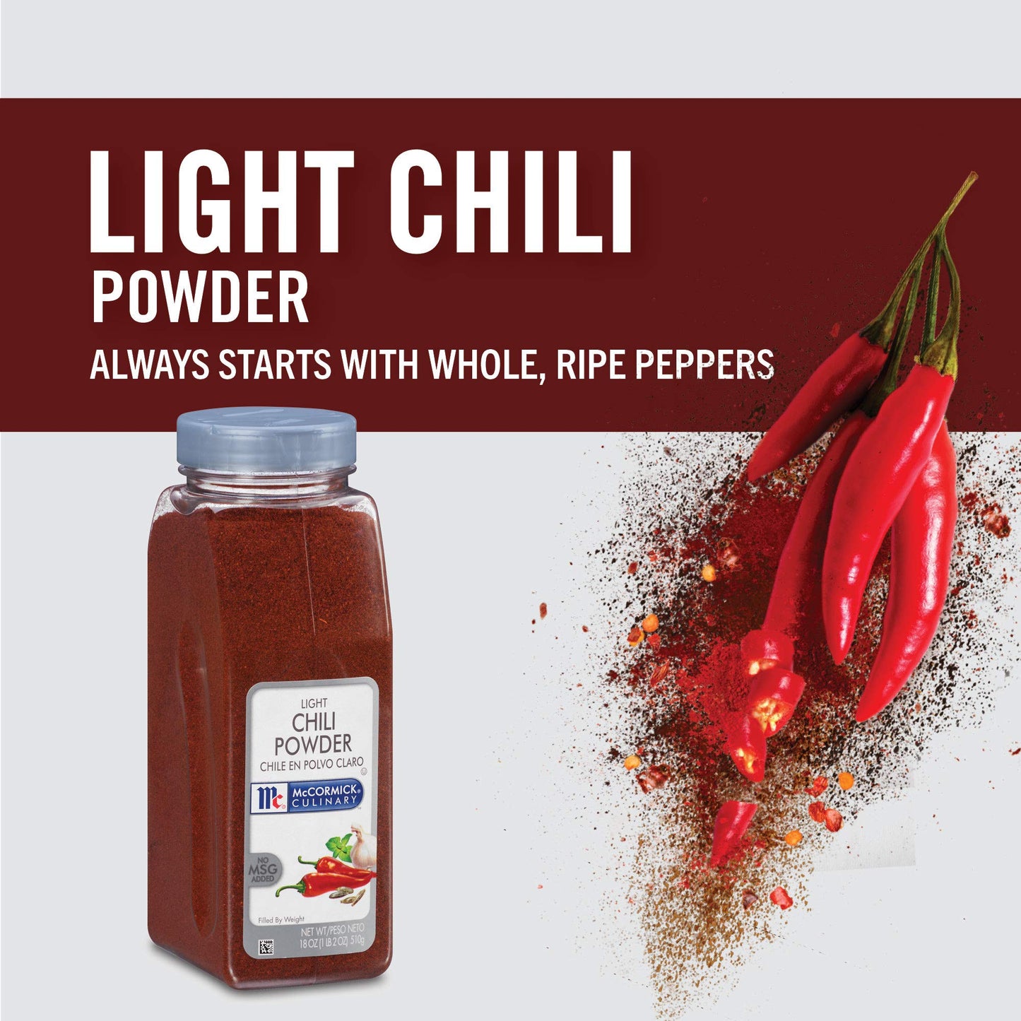 McCormick Culinary Light Chili Powder, 18 oz - One 18 Ounce Container of Light Red Chili Powder for Cooking, Perfect for Tex-Mex and Mexican Cuisines