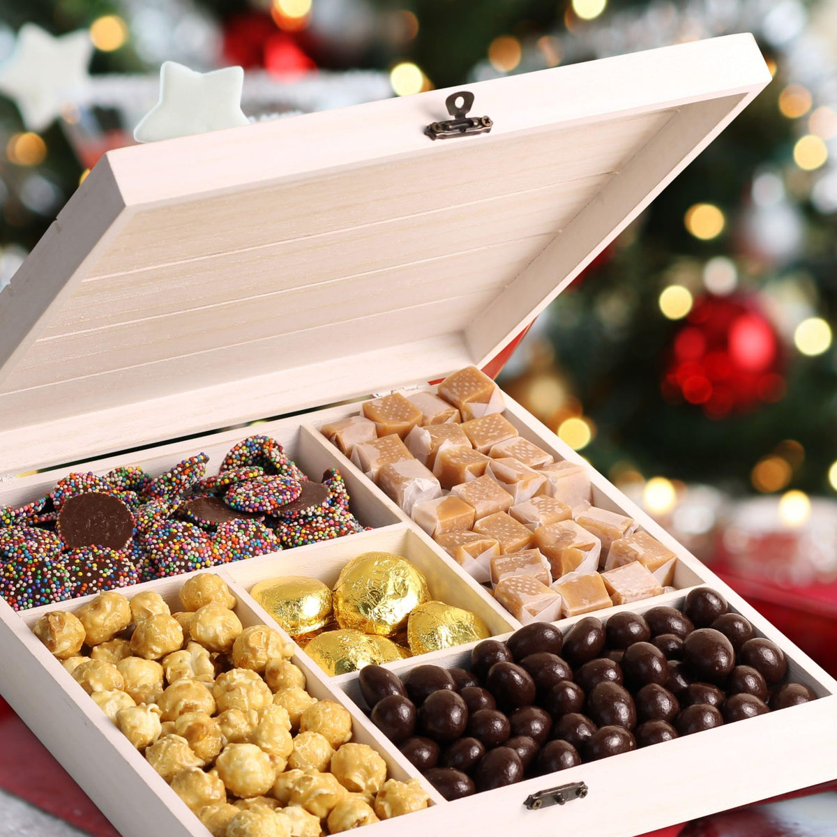 Classy Chocolate Candy Gift Tray - by It's Delish | Candy Gift Basket in Reusable Wooden Crate with Lid | Wood Platter with Holiday Treats and Candies