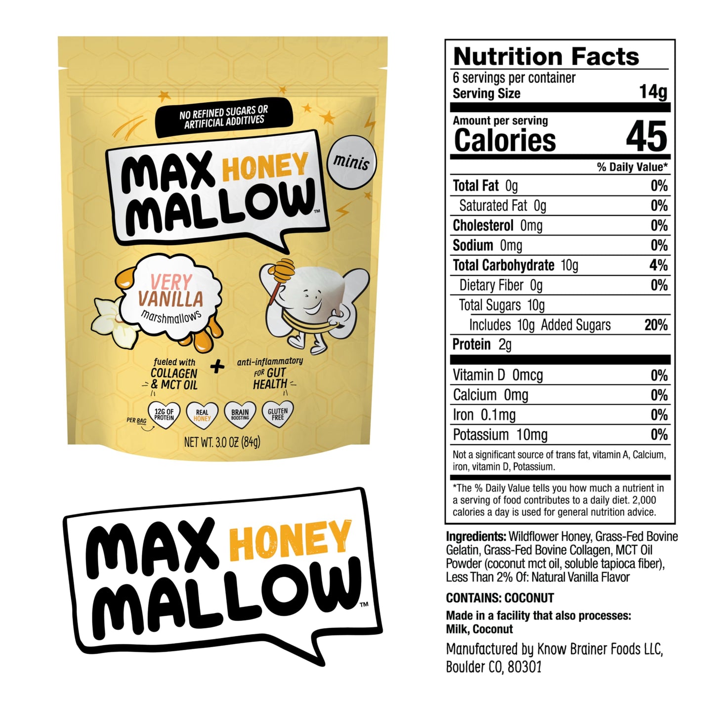 Max Mallow HONEY Mini Marshmallows - Very Vanilla - Gut Friendly, Gluten Free, No Refined Sugars, Real Wildflower Honey, Collagen-Infused Snack (3