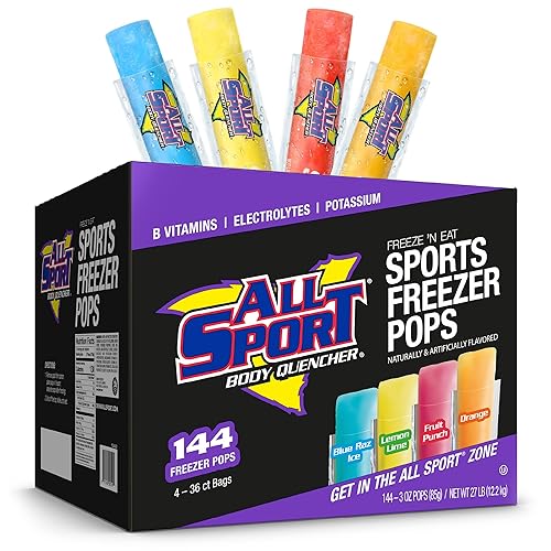All Sport Freezer Pops, Giant Sized 3oz, 144 CT, Refreshing Ice Pops with Electrolytes, B Vitamins & Potassium -Blue Raz Ice, Lemon Lime, Fruit Punch