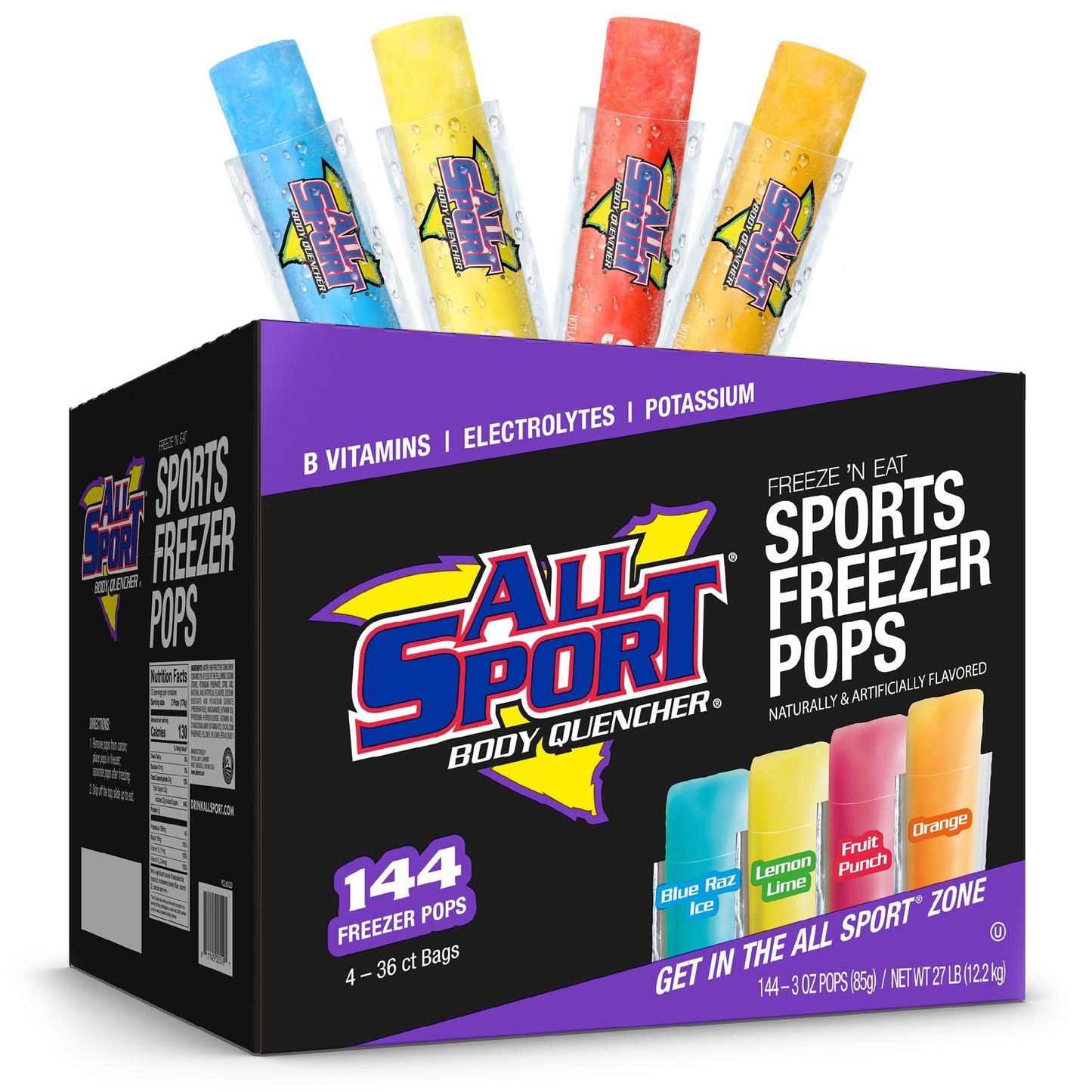 All Sport Freezer Pops, Giant Sized 3oz, 144 CT, Refreshing Ice Pops with Electrolytes, B Vitamins & Potassium -Blue Raz Ice, Lemon Lime, Fruit Punch