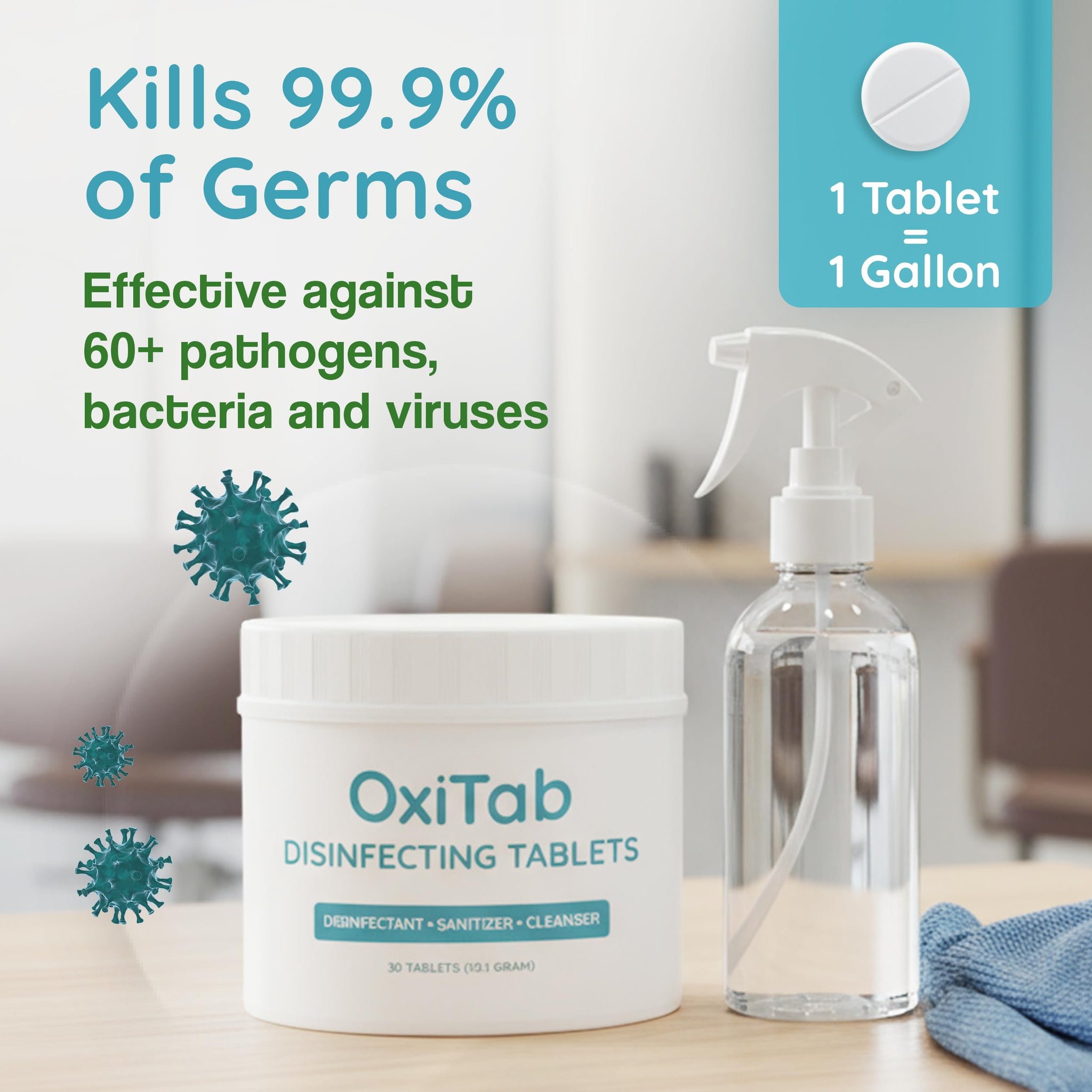 OxiTab Hospital-Grade HOCL Effervescent Disinfectant Tablets - EPA Registered - Kills 99.9% of Germs, Bacteria & Viruses - Perfect for Healthcare
