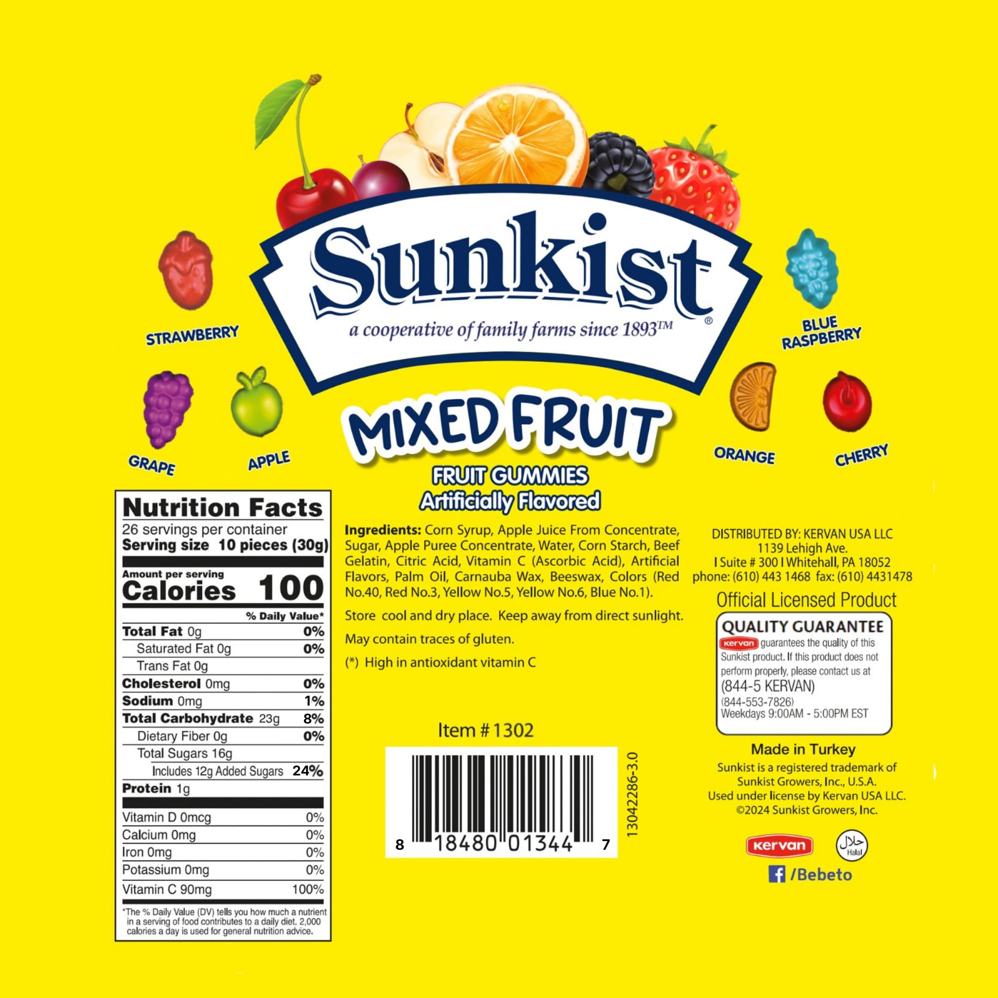 Sunkist Fruit Gummies Mixed Fruit, 28 oz Resealable Stand-Up Bag, Real Fruit First Ingredient, Fruit Shaped Candy, Vitamin C