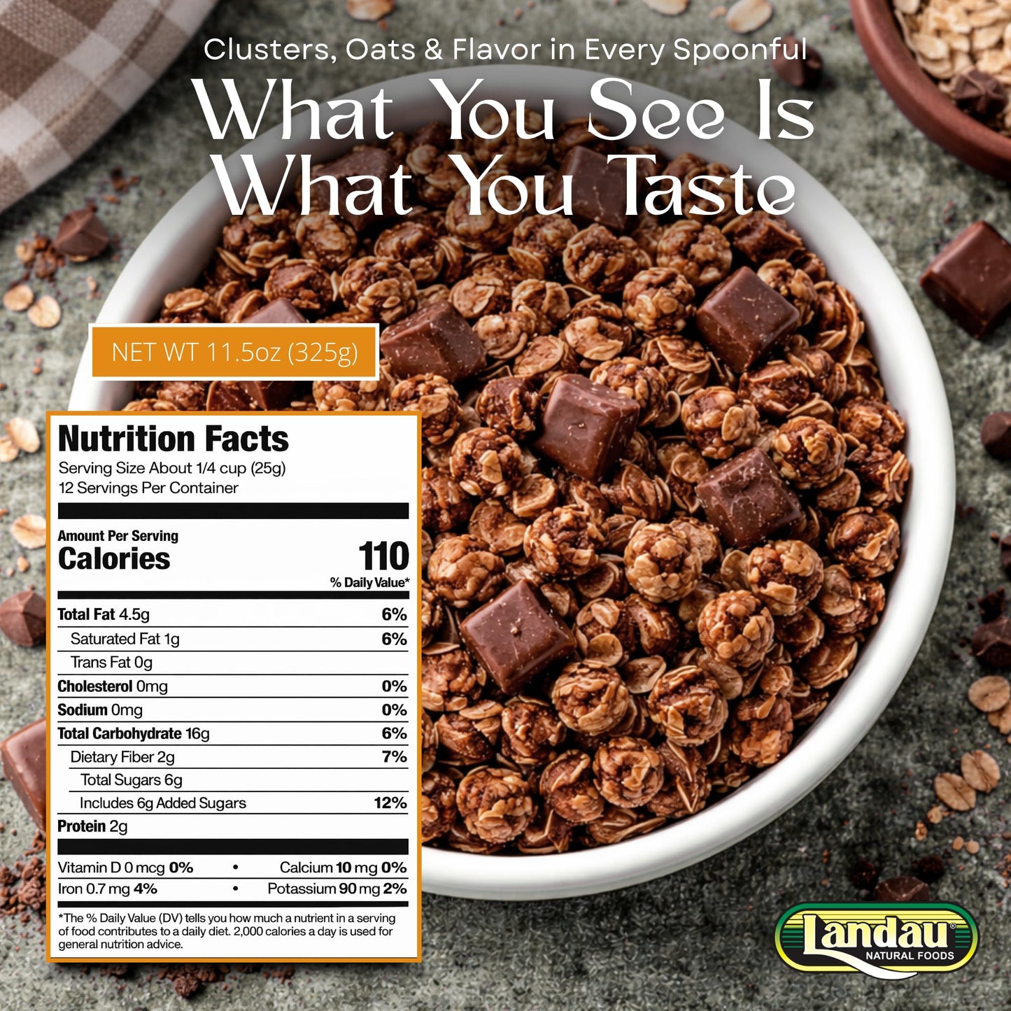 Landau Milk Chocolate Granola - Crunchy Whole Grain Oats with Real Chocolate Chunks - Non-GMO, Kosher Certified Diary Granola - Breakfast, Snack