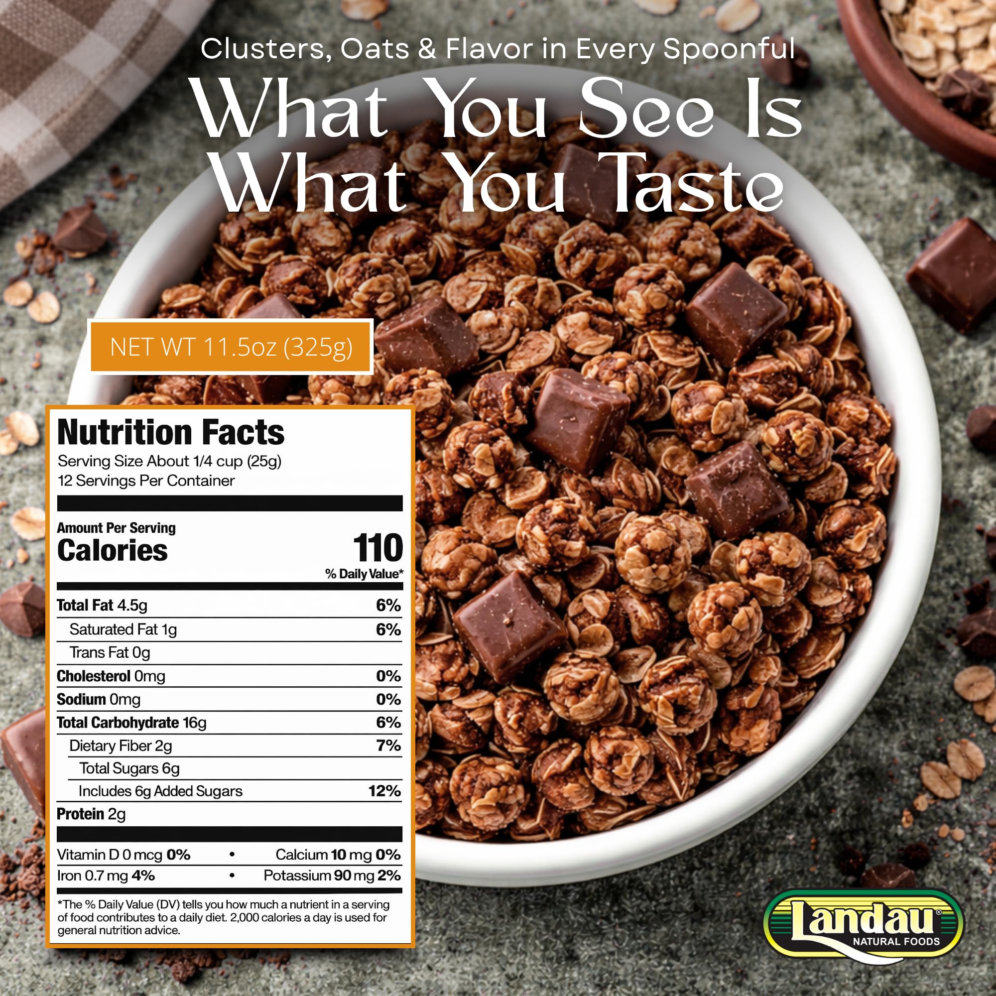 Landau Milk Chocolate Granola - Crunchy Whole Grain Oats with Real Chocolate Chunks - Non-GMO, Kosher Certified Diary Granola - Breakfast, Snack