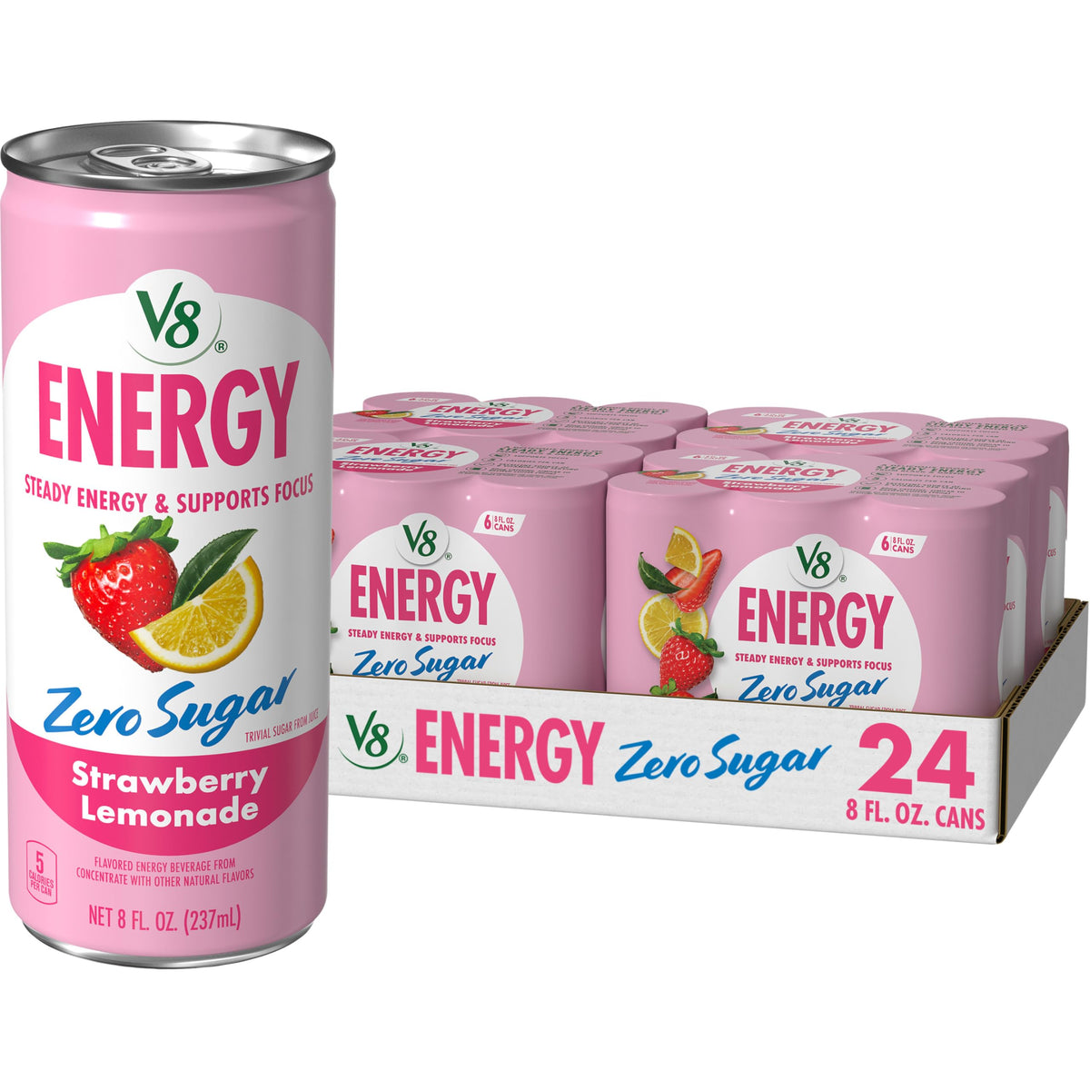 V8 Energy Zero Sugar Strawberry Lemonade, 8 fl. oz. Can (24 Pack)
