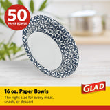 Glad Round Disposable Paper Bowls, Blue Mosaic Design - Heavy Duty, Soak-Proof, Cut-Resistant, Microwavable Paper Bowls for All Foods, Daily Use