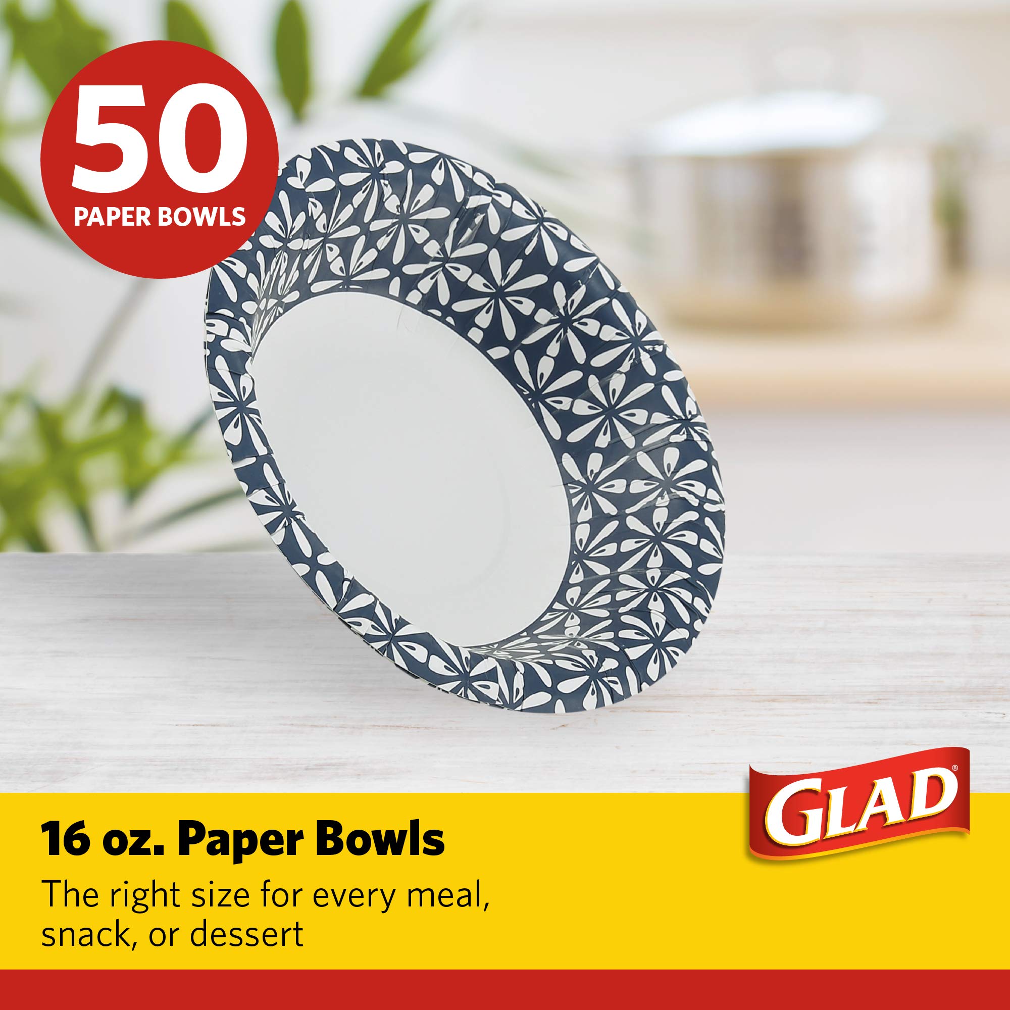 Glad Round Disposable Paper Bowls, Blue Mosaic Design - Heavy Duty, Soak-Proof, Cut-Resistant, Microwavable Paper Bowls for All Foods, Daily Use
